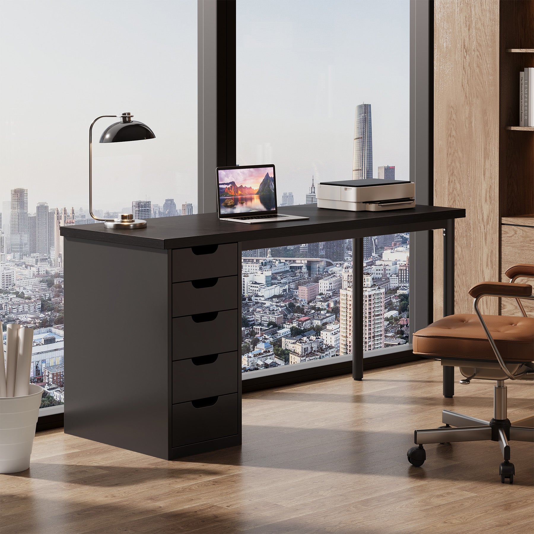 Tribesigns 47" Computer Desk with 5 Reversible Drawers, Rustic Home Office Workstation