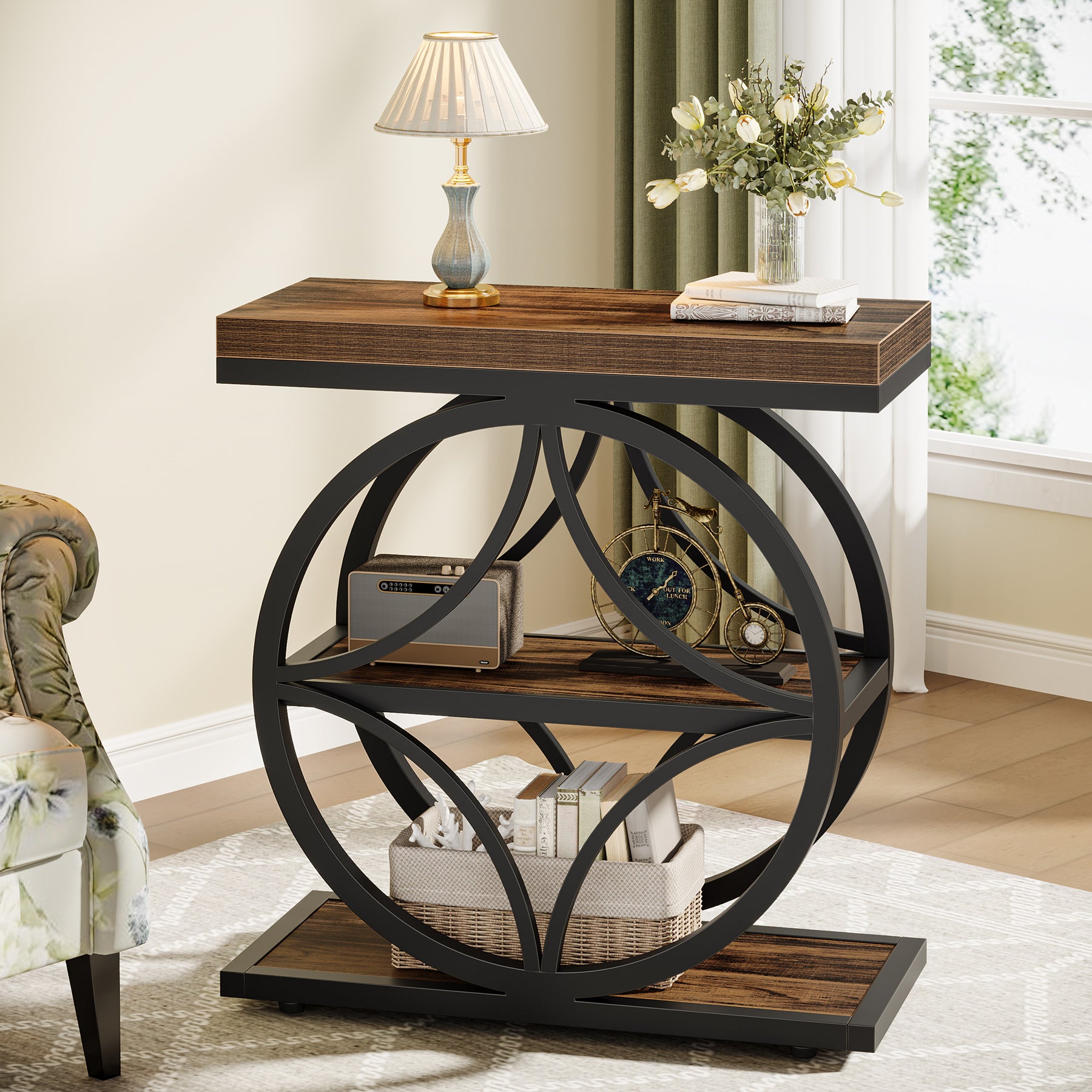 Industrial End Table, Narrow Bedside Table with 3 - Tier Storage Tribesigns