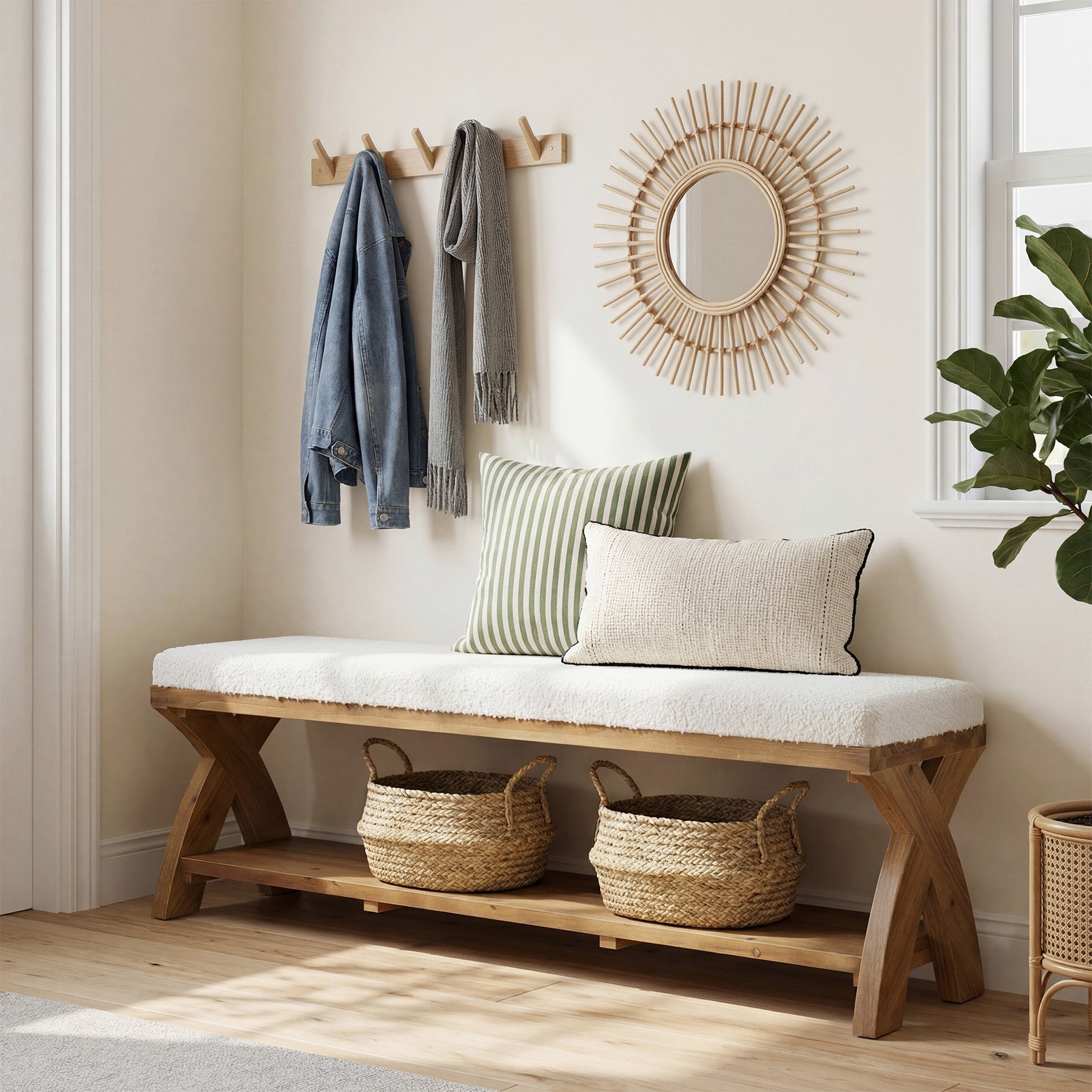 Solid Wood Upholstered Shoe Bench, Entryway Bench with Padded Seat and Storage Shelf