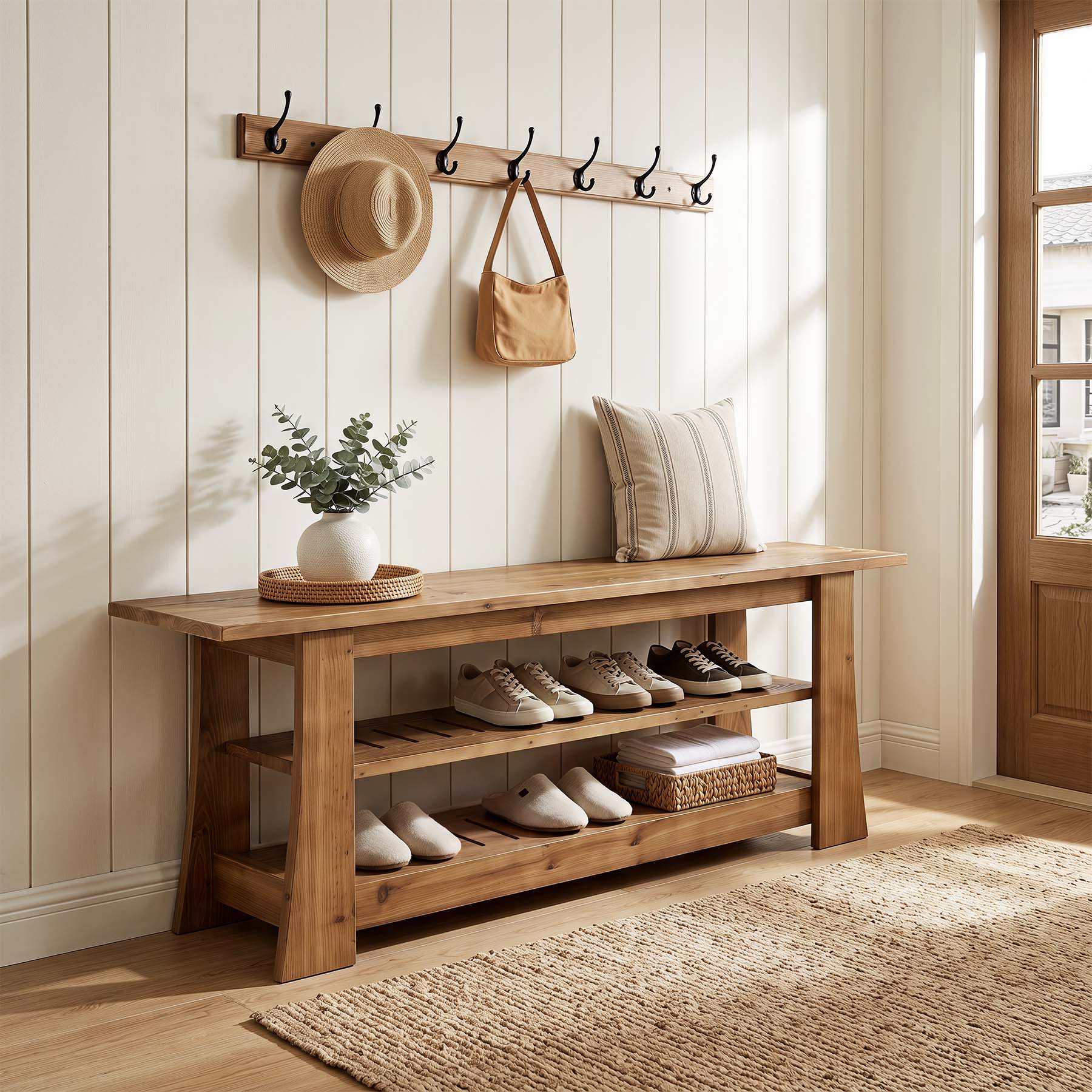 63-Inch Solid Wood Shoe Bench, Farmhouse Indoor Entryway Bench with 3-Tier Storage