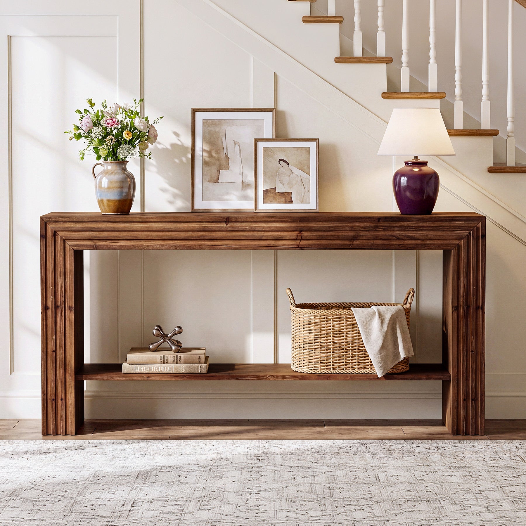 63" Solid Wood Farmhouse Console Table, Entryway & Sofa Table with Storage Shelf