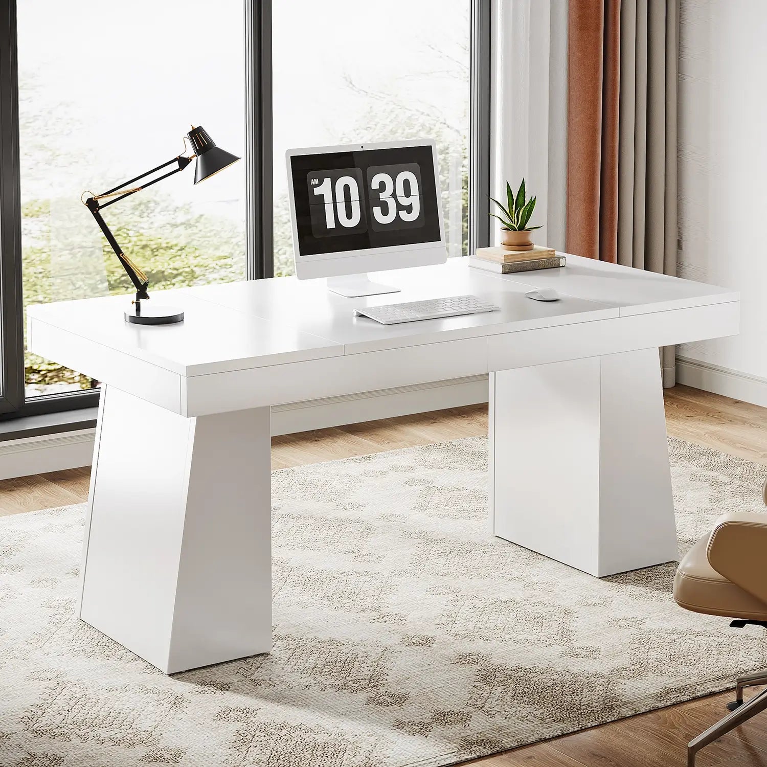 55" Executive Desk with Double Trapezoid Base, Modern Wooden Computer Desk for Home Office