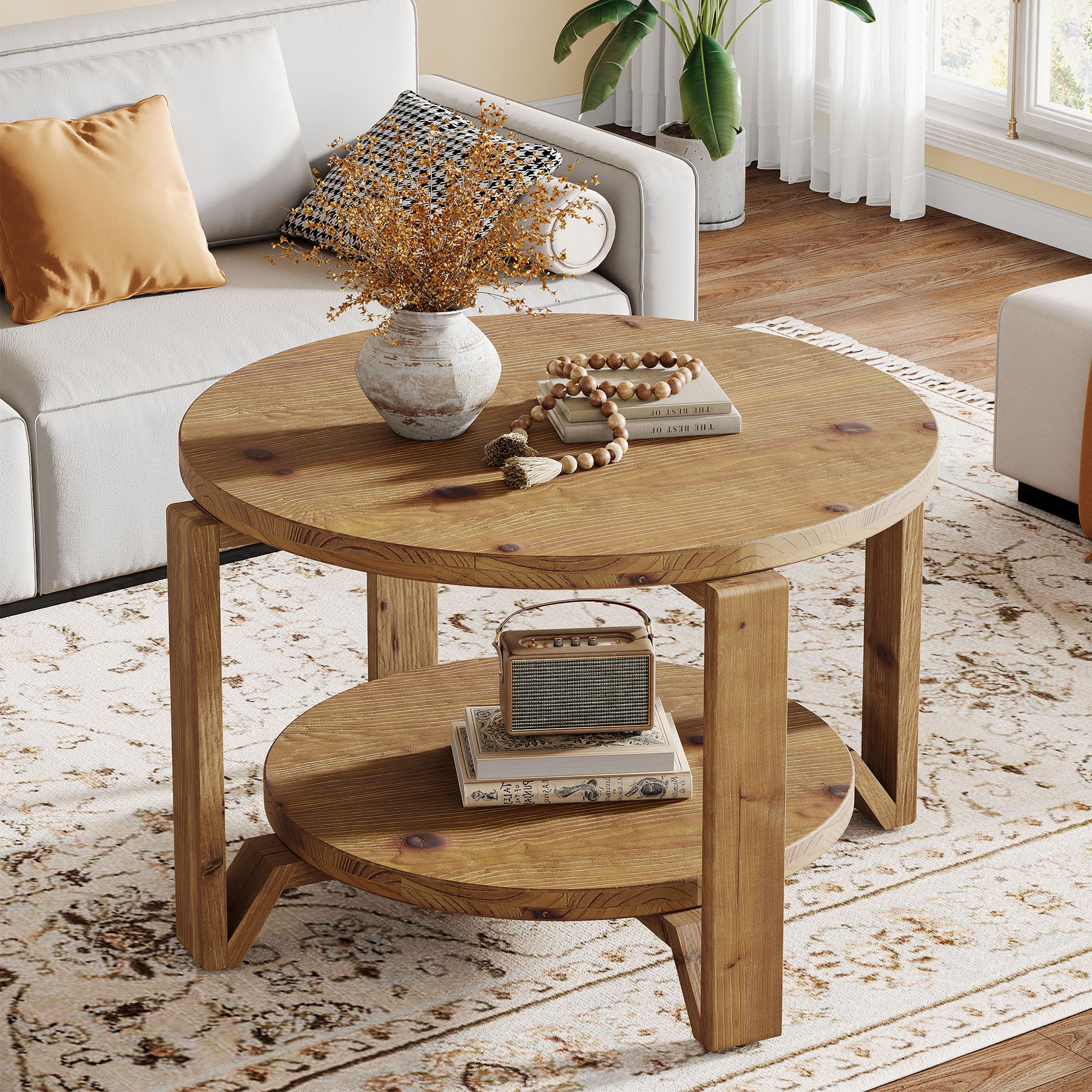 30" Solid Wood Coffee Table, Round Small Center Table with 2-Tier Storage
