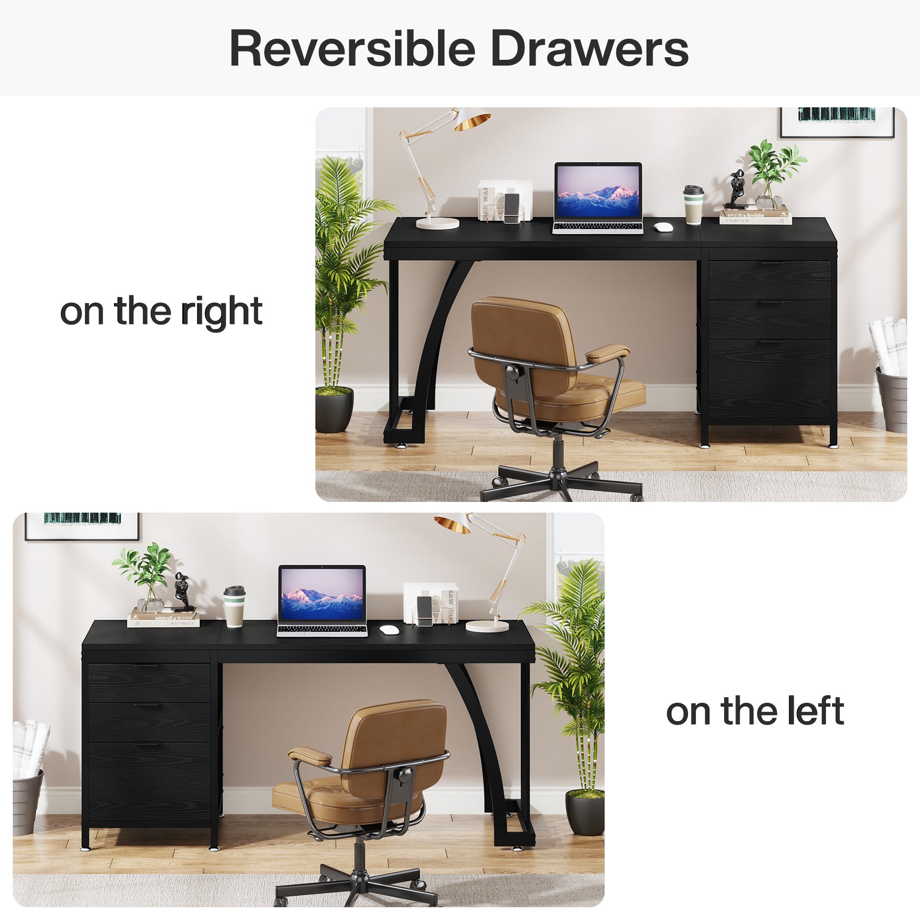 Industrial Computer Desk, 59" Study Desk with Reversible Drawer Cabinet