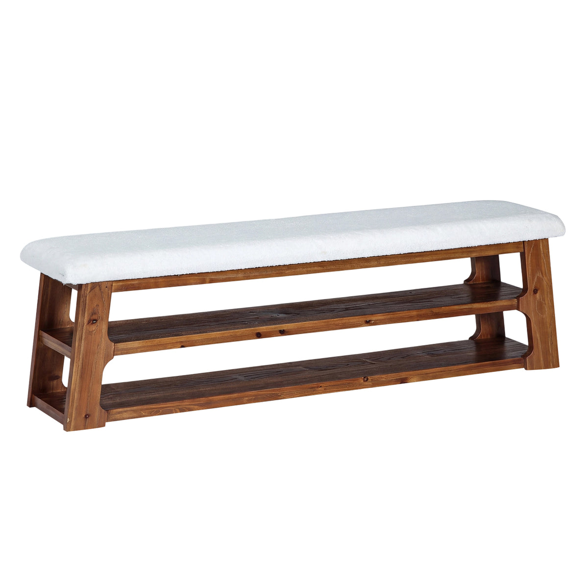 3-Tier Solid Wood Entryway Bench, 63" Shoe Bench with Faux Shearling Cushion for Hallway