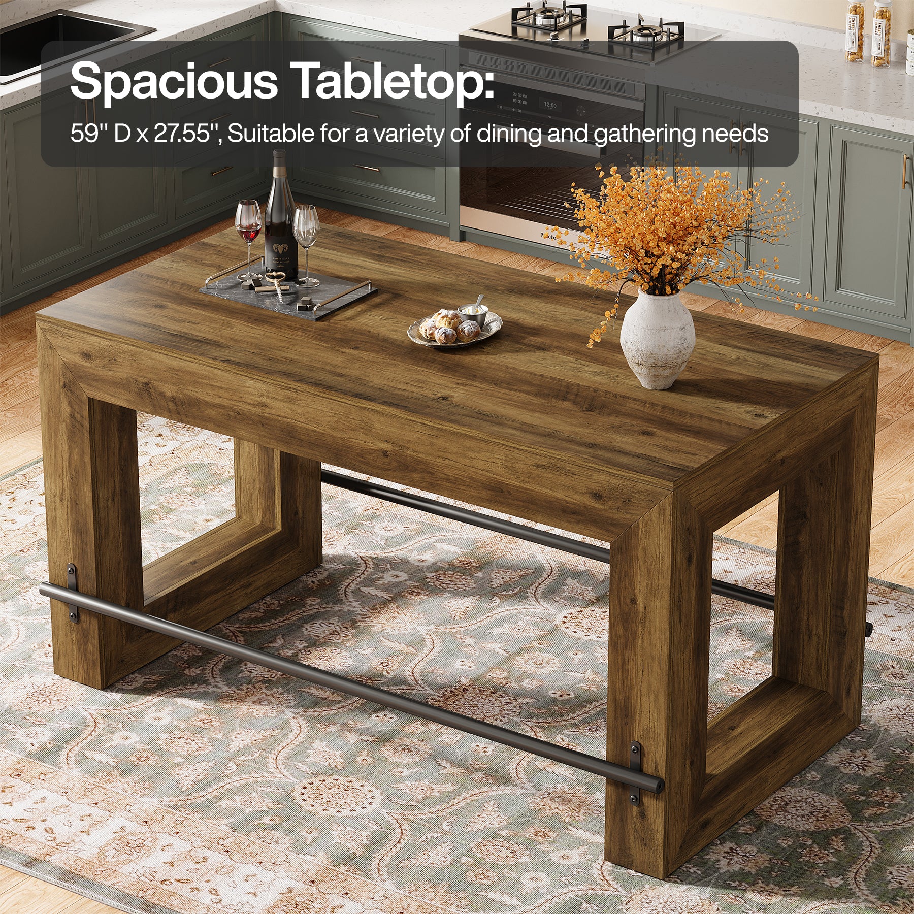 Counter Height Bar Table, 59" Pub Table With Metal Footrest For Dining Room