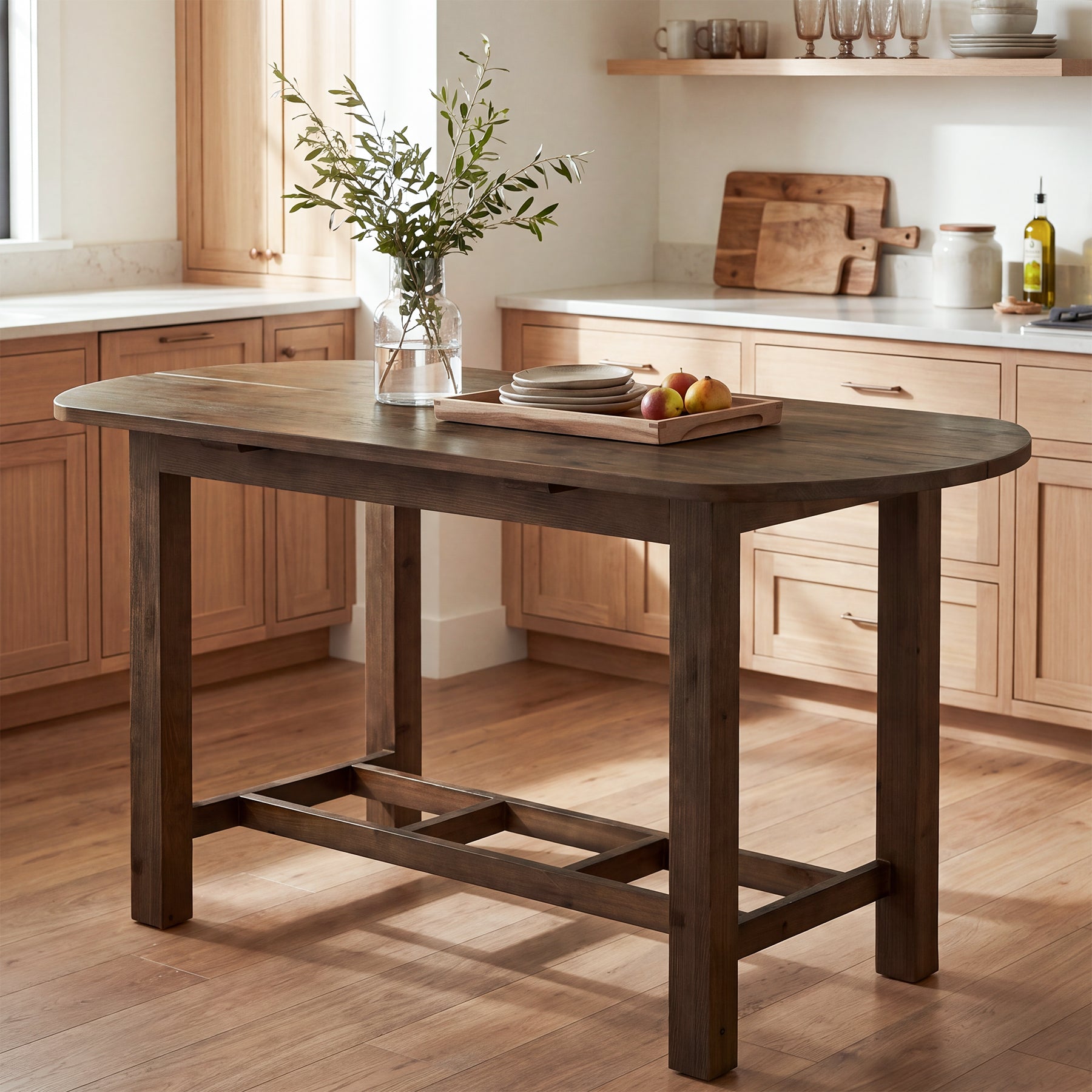 63" Solid Wood Kitchen Island, Farmhouse Stationary Island Table with Oval Tabletop