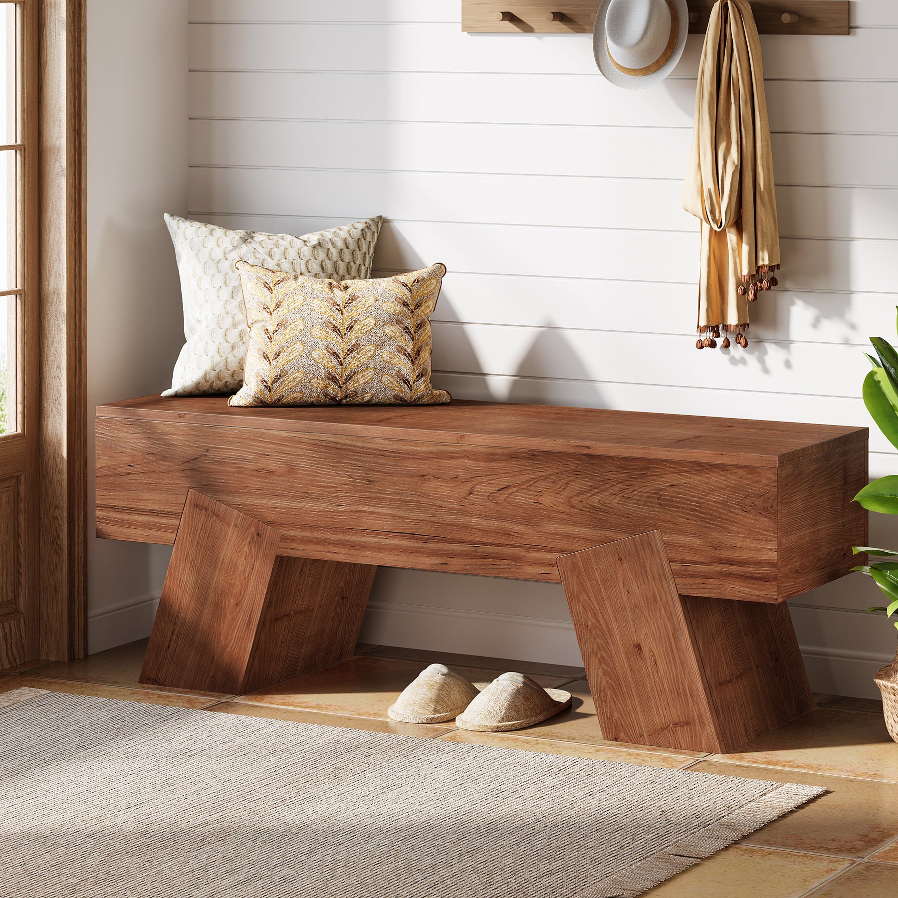 47" Solid Wood Shoe Bench, Indoor End of Bed Bench with Sturdy Legs