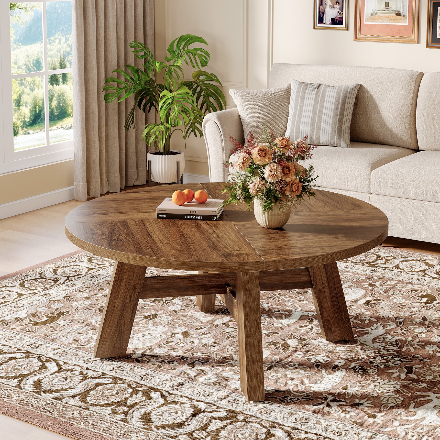 Round Coffee Table, 39" Circle Center Table with Reinforced Cross Brace