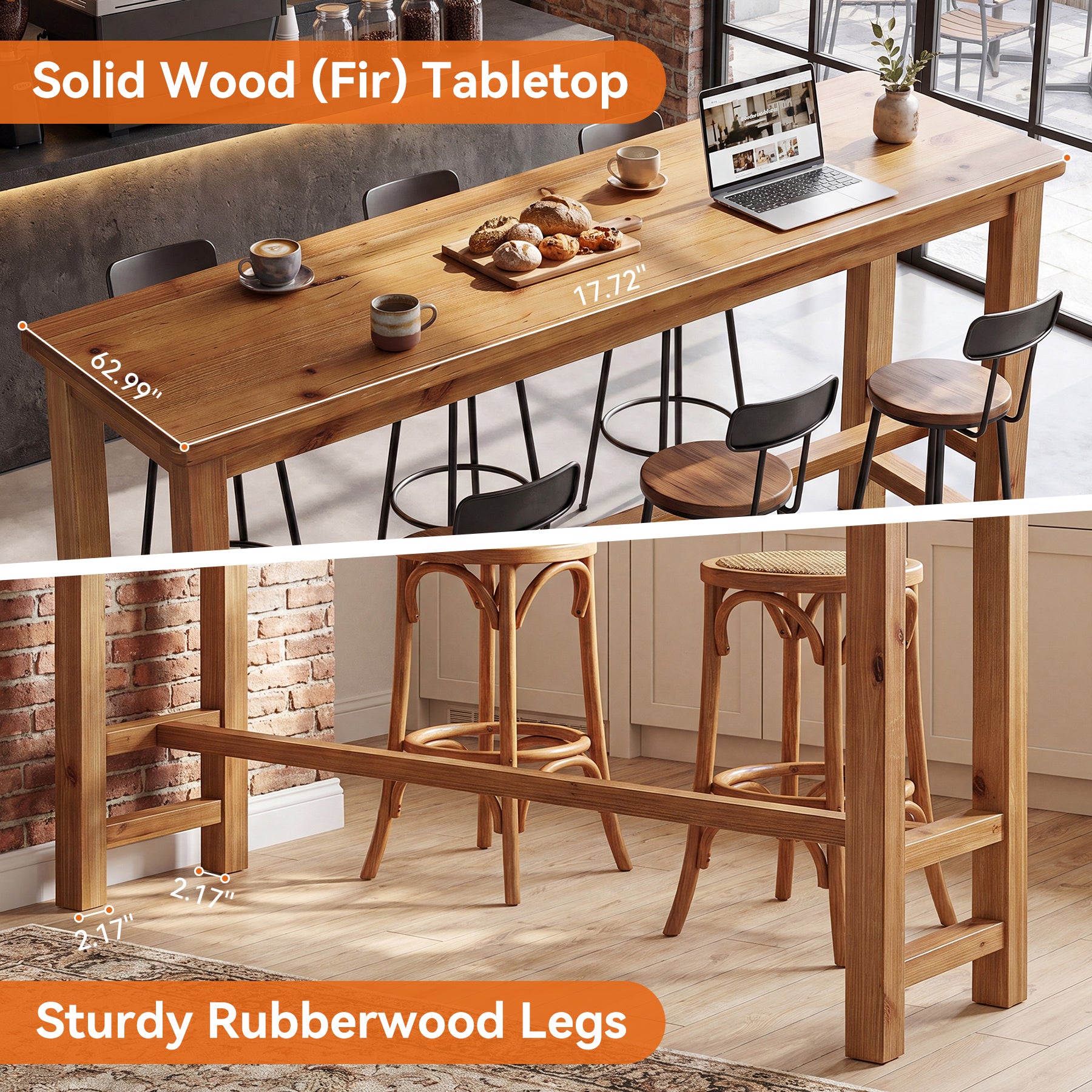 63" Solid Wood Bar Table, Rectangular Counter Height Pub Table for Home Bar