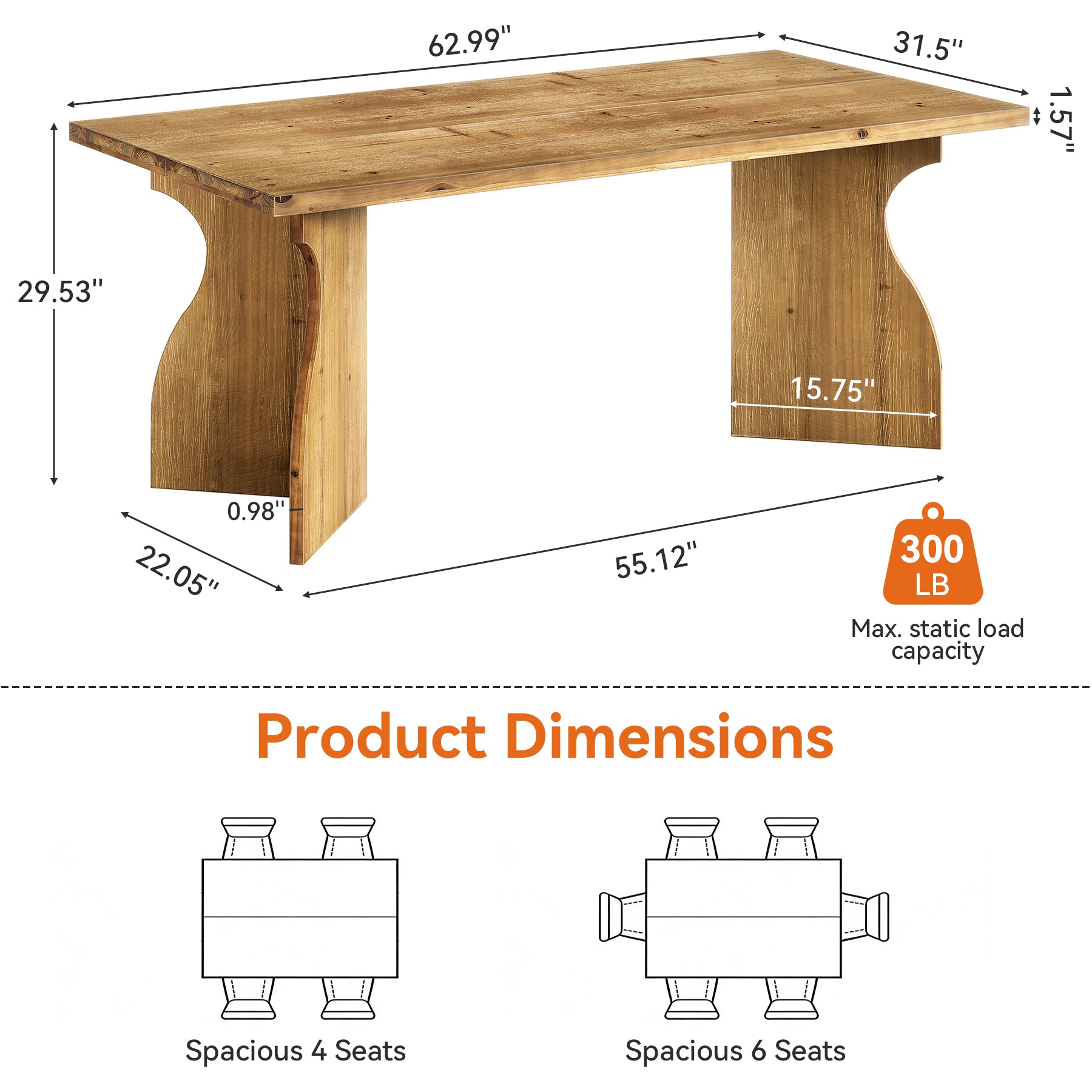 Tribesigns 63-Inch Solid Wood Dining Table, Rectangular Kitchen Table for 4-6 People
