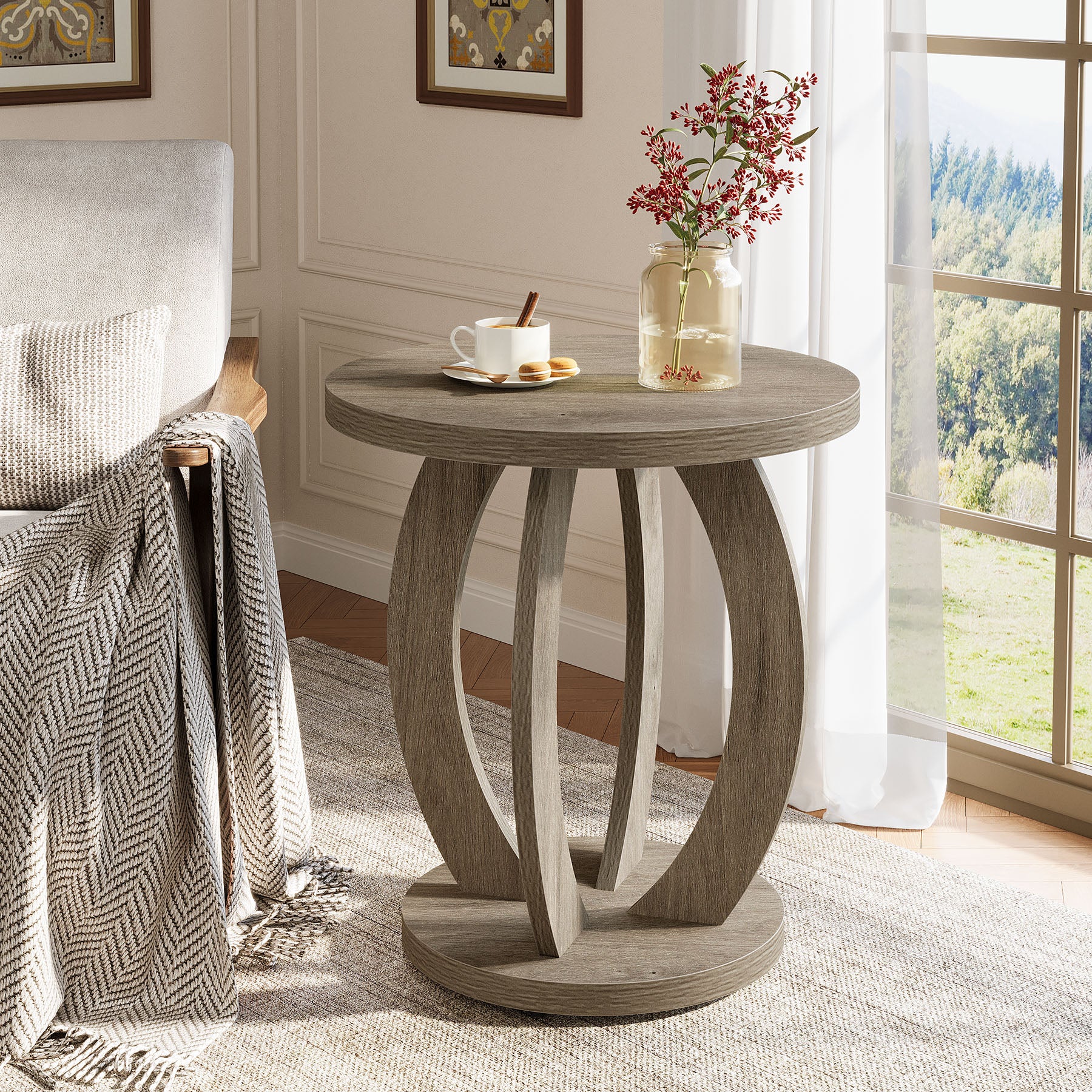 Round End Table, Accent Side Table with Storage for Small Space