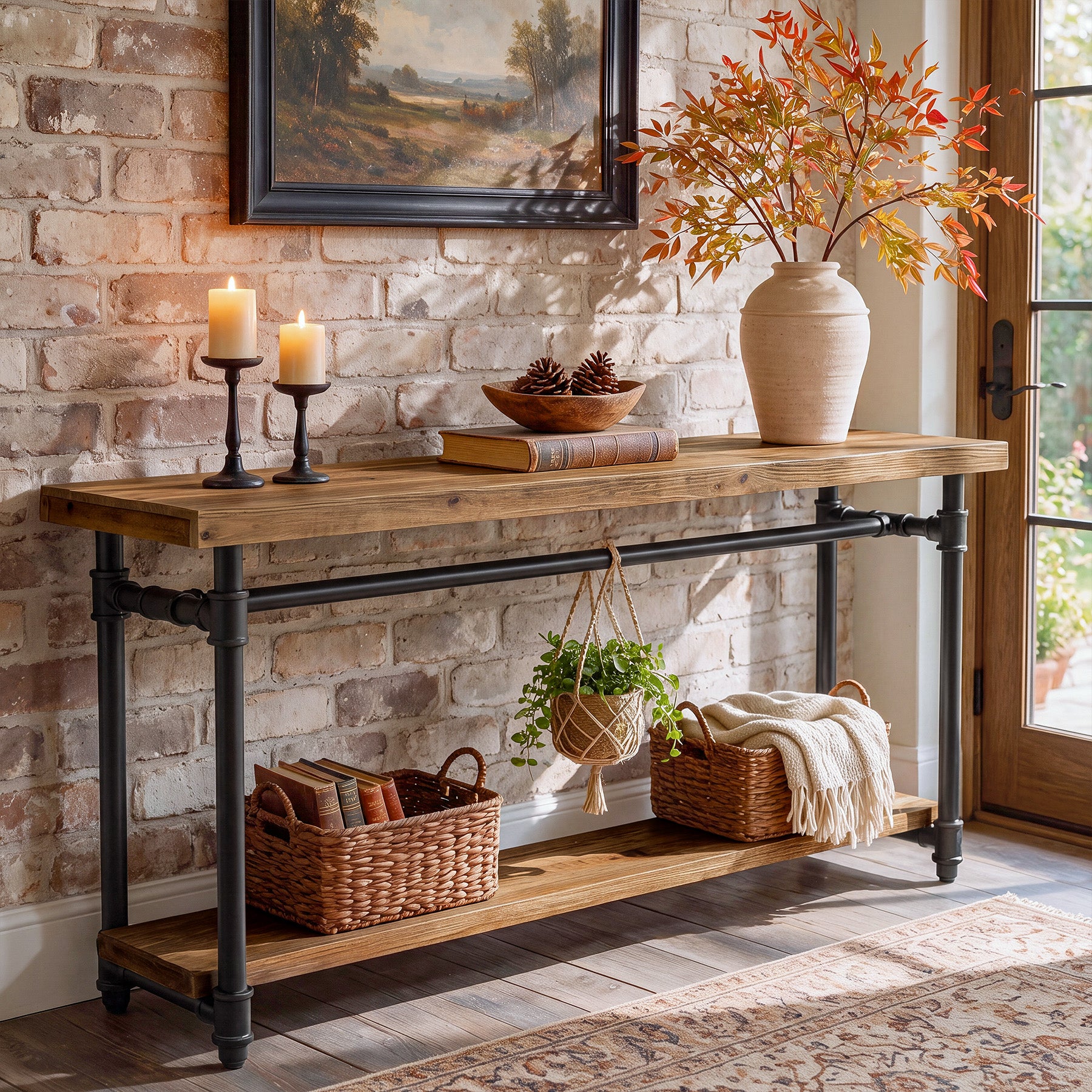 63" Solid Wood Console Table, Narrow Entryway Table with 2-Tier Storage & Metal Pipe Frame