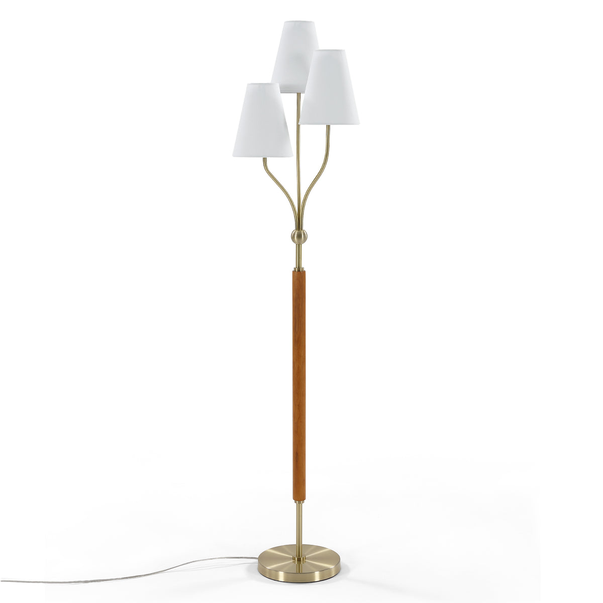 64.96" Height 3-Head Floor Lamp with Linen Fabric Shades, Natural Rubberwood Handle