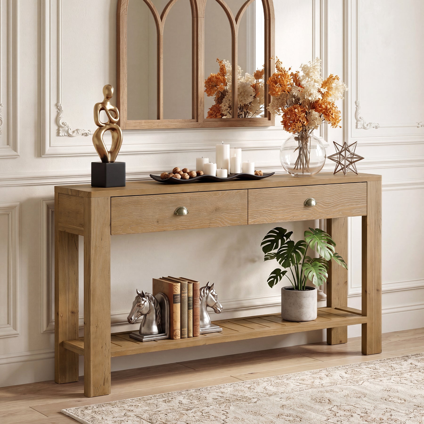 55" Solid Wood Console Table, Narrow Entryway Table with 2 Drawers & Storage Shelf,