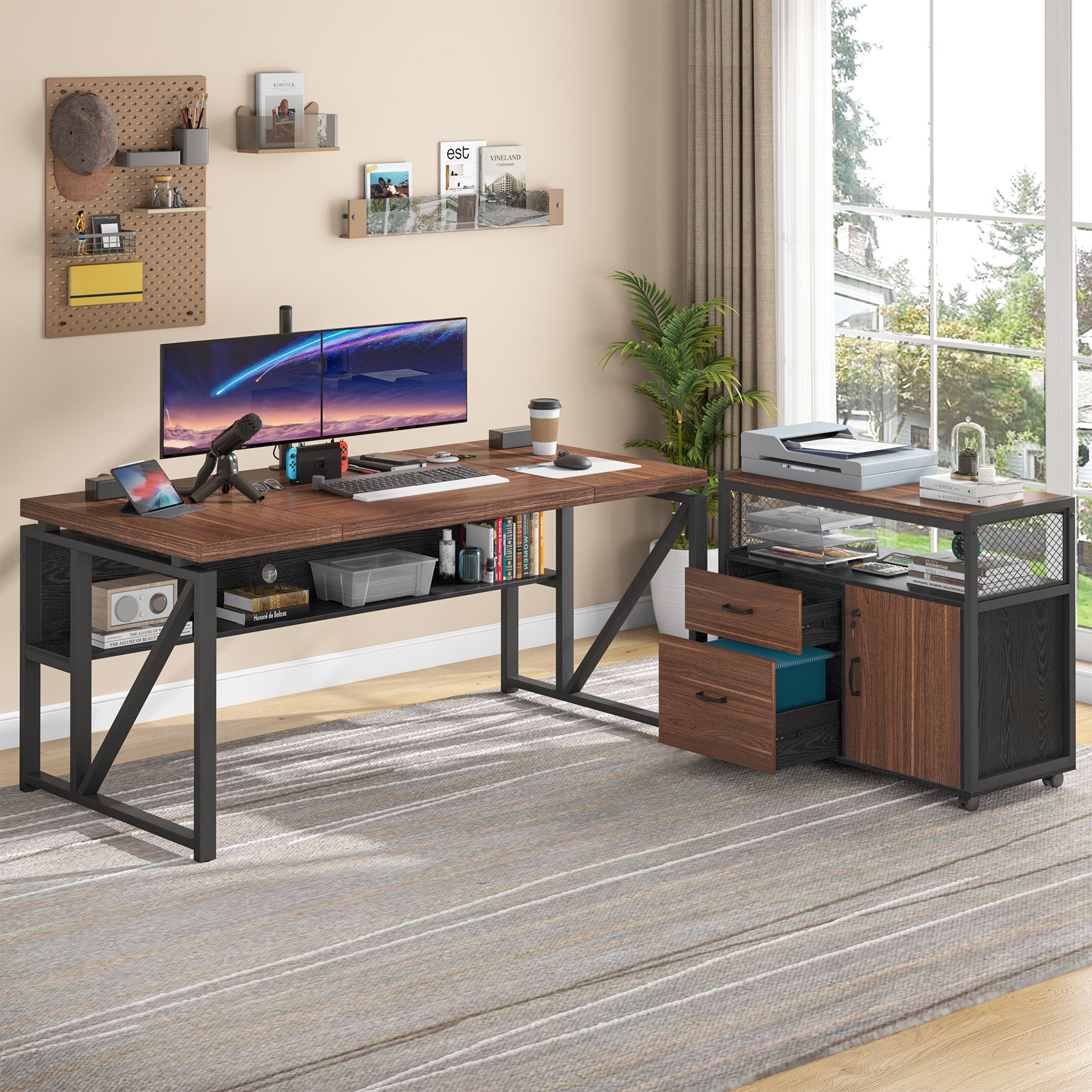 55" / 63" L-Shaped Executive Desk with Storage Shelves and Mobile File Cabinet(2 Drawers and 1 Storage Compartment)