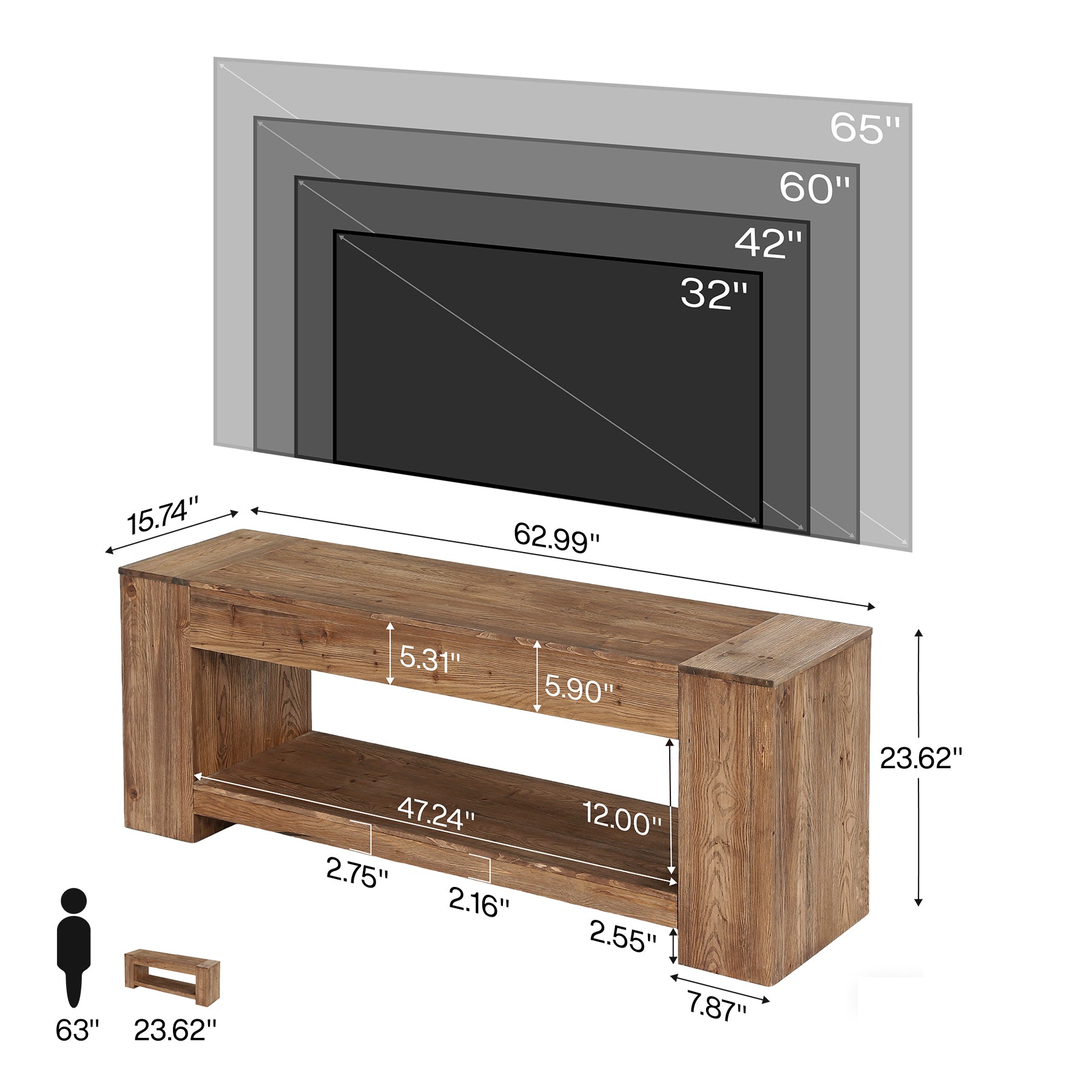 Tribesigns 63" Solid Wood TV Stand, Farmhouse Console for Living Room