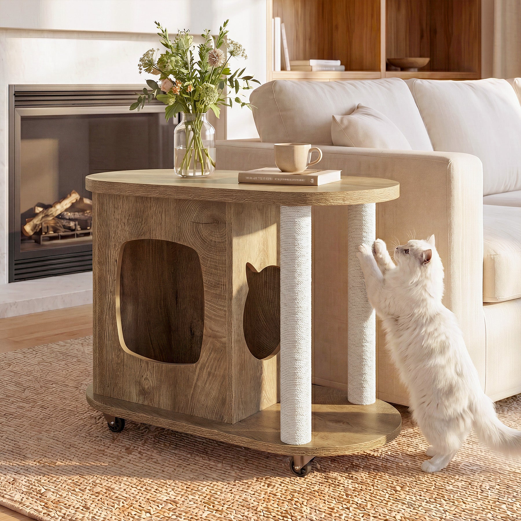 Rolling Sofa Side Table, End Table with Scratching Posts and Cat Bed