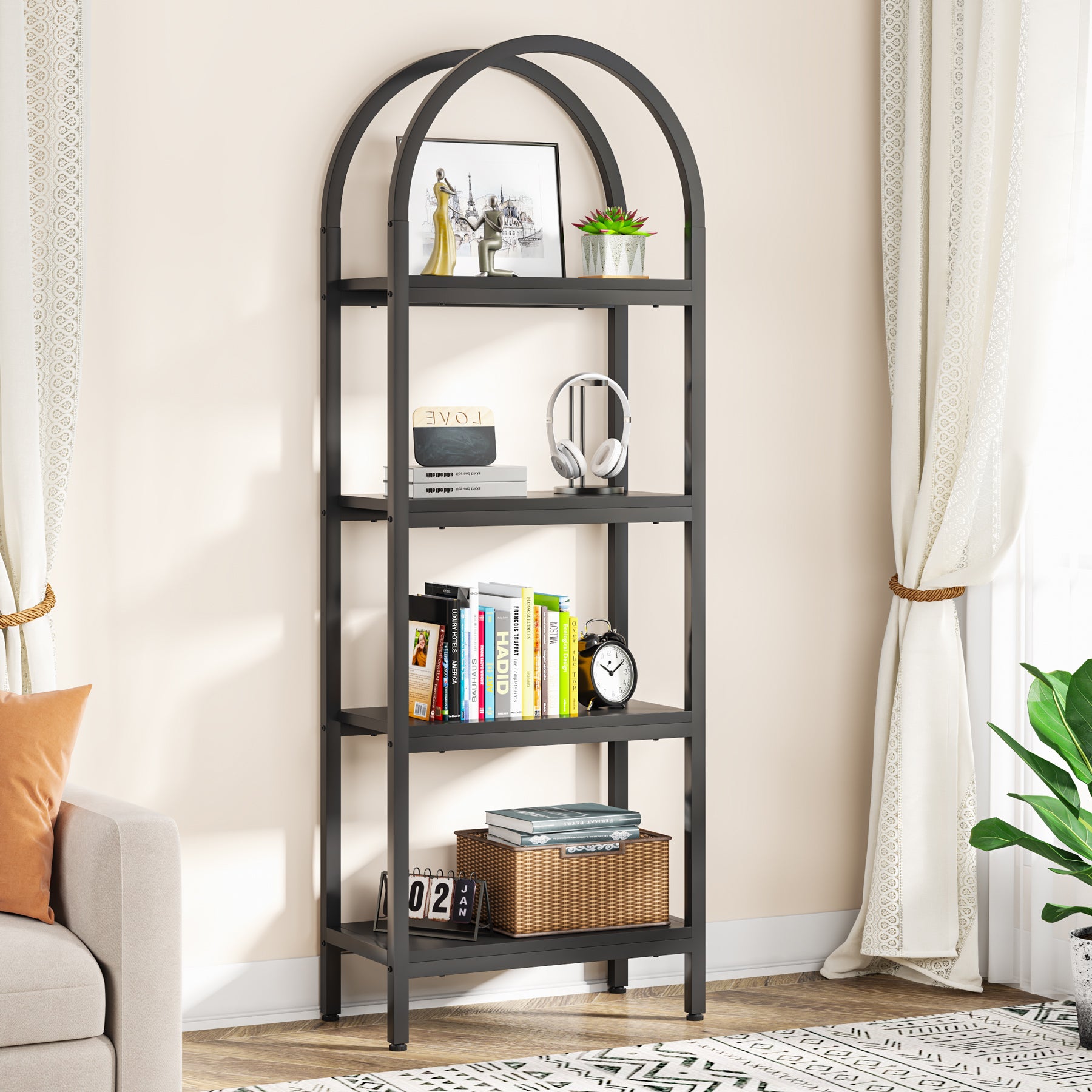 4-Tier / 5-Tier Bookshelf, Arched Bookcase Display Rack with Storage Shelves
