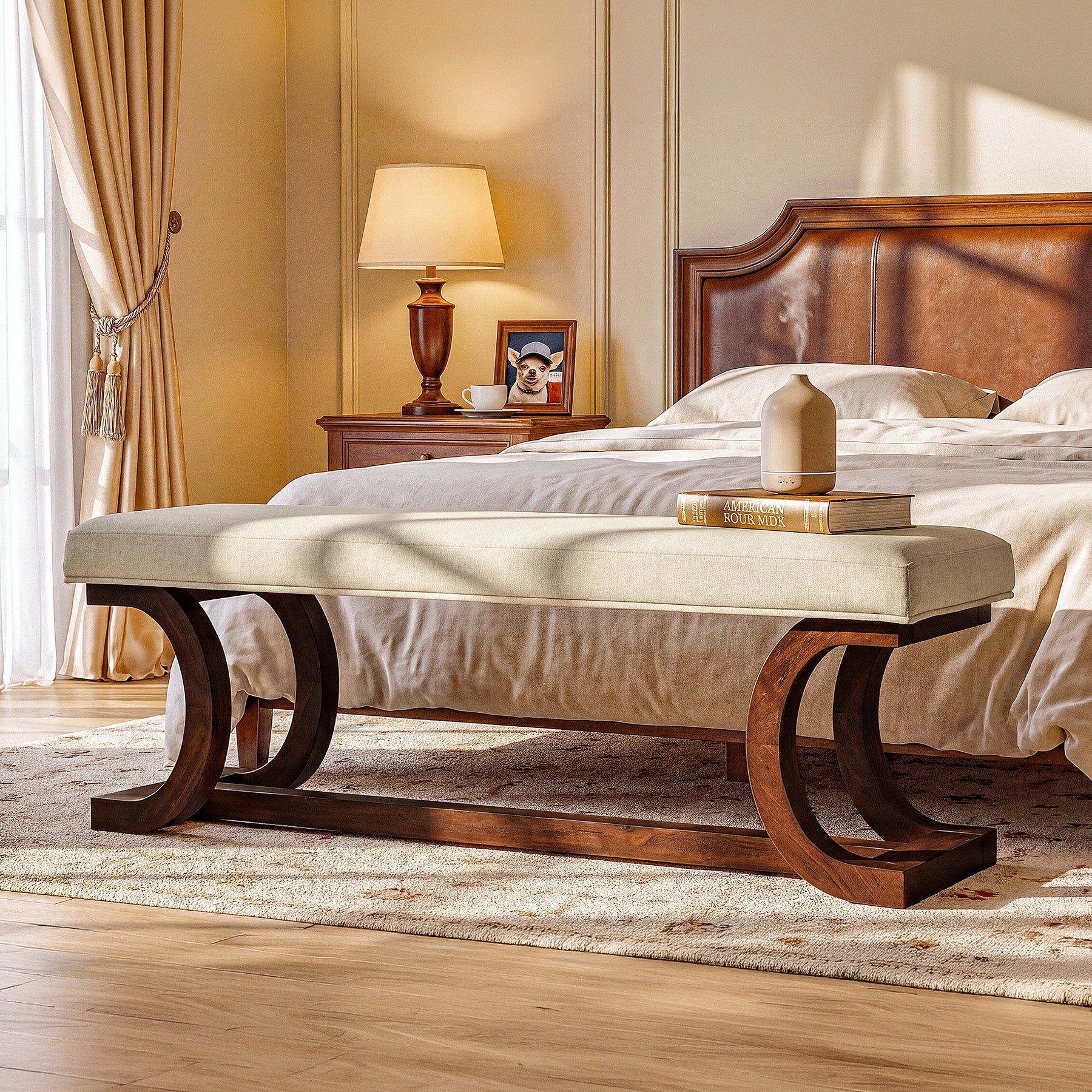 48" Upholstered Bench, Solid Wood Entryway Bench End of Bed Bench with Soft Cushion