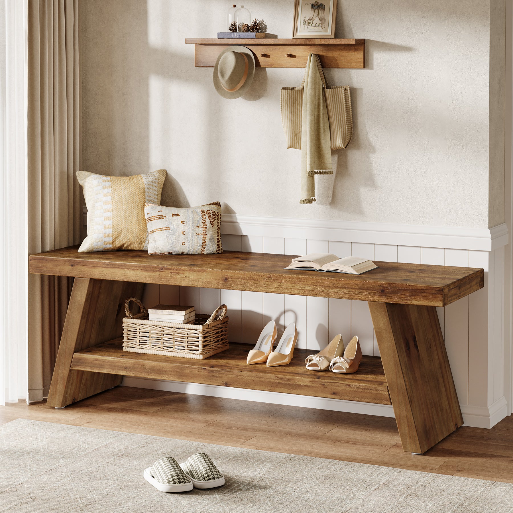 2-Tier Entryway Bench, Solid Wood Shoe Bench with Open Shelves