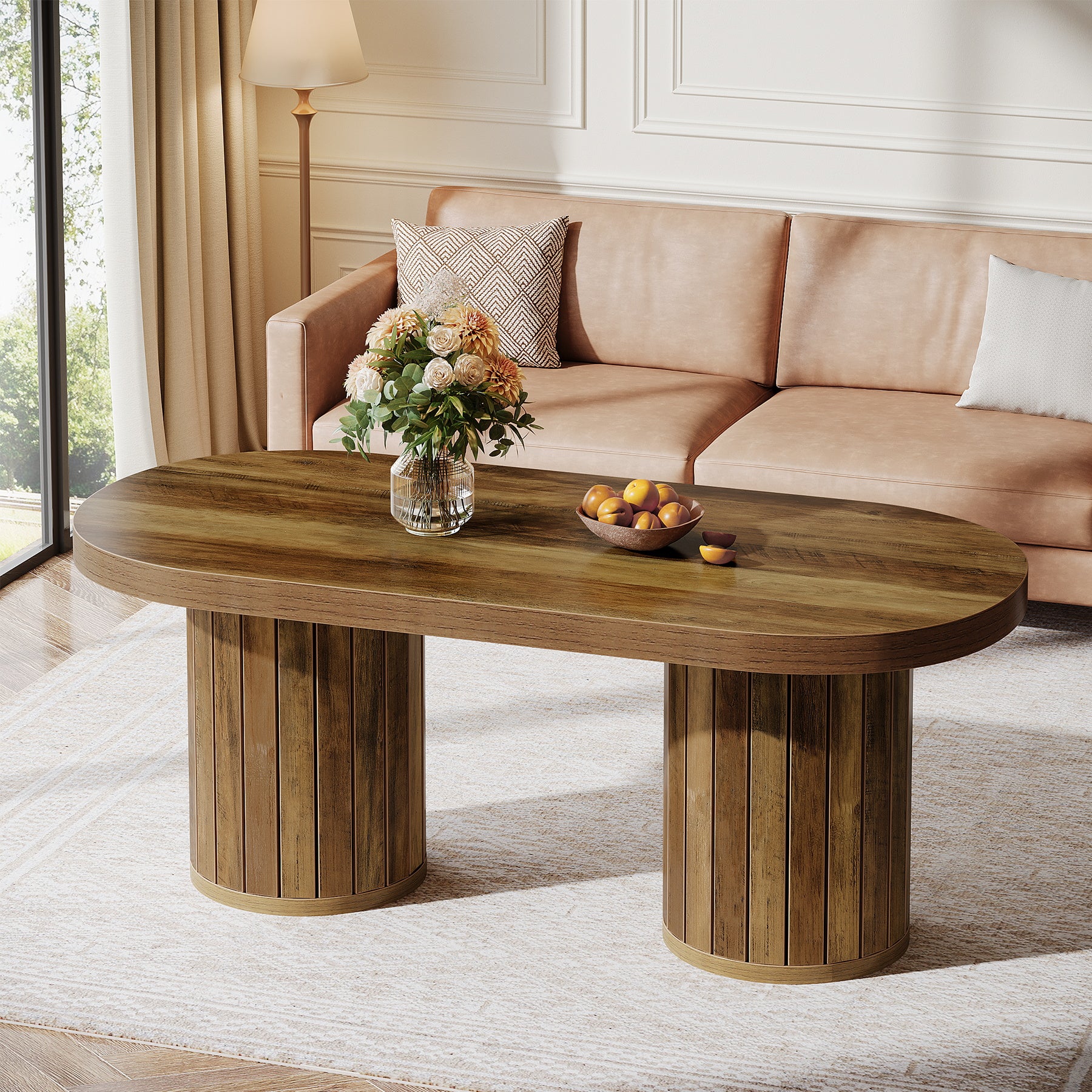 Oval Coffee Table, 47.2" Accent Center Table with Fluted Cylindrical Legs