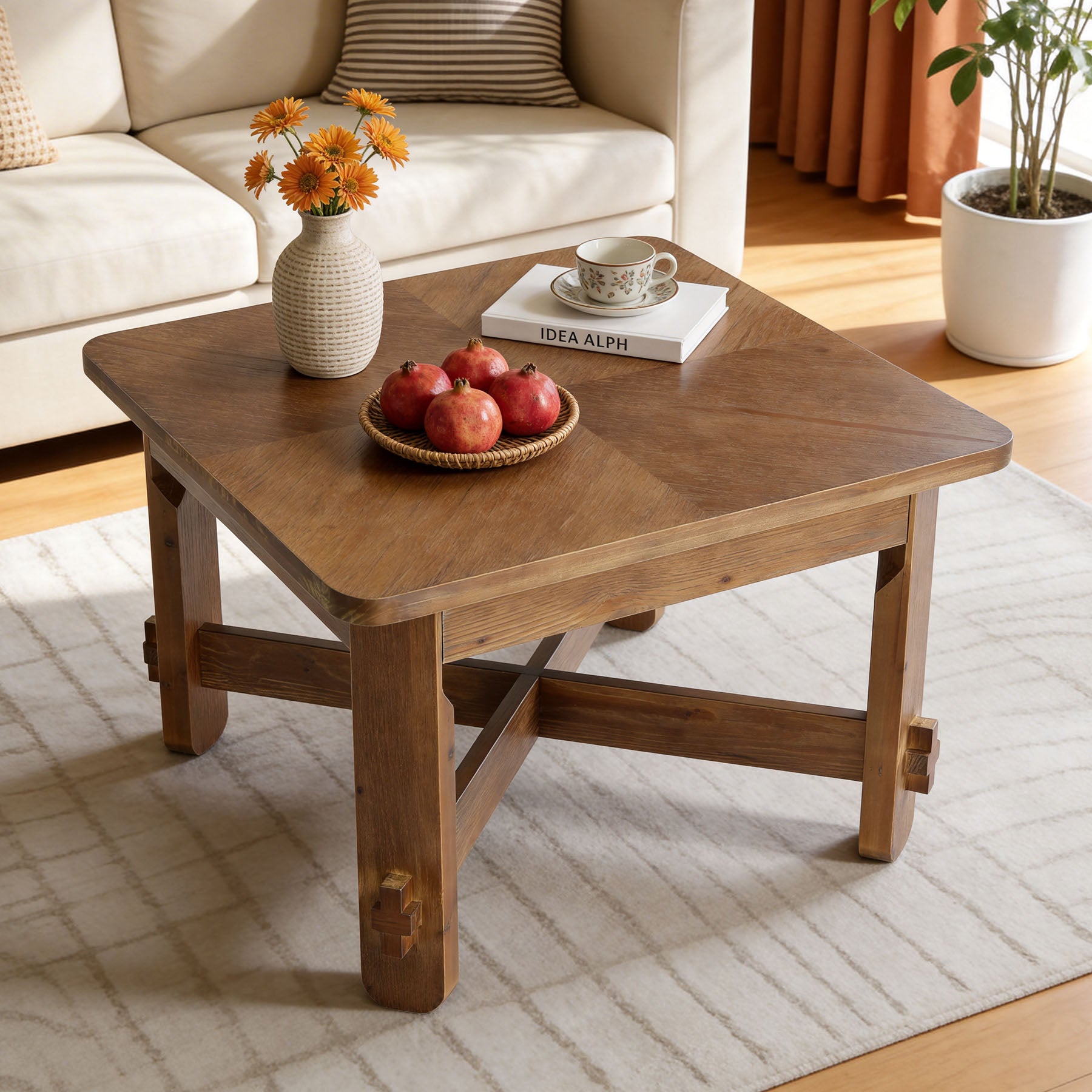 31.5 Inch Solid Wood Square Coffee Table, Farmhouse Center Table with Cross Base