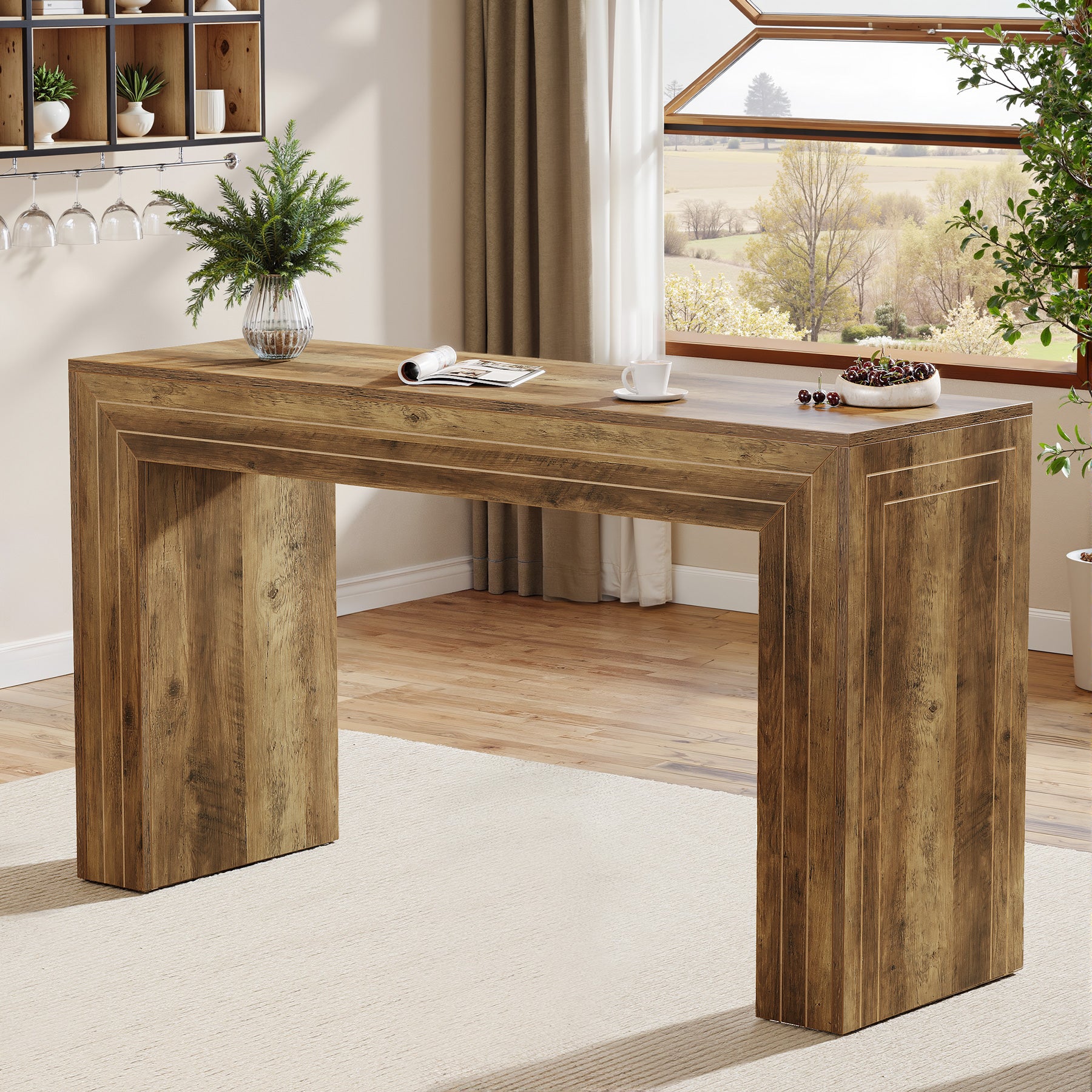 63" Bar Table, Home Counter Height Pub Table with Sturdy Rectangular Base