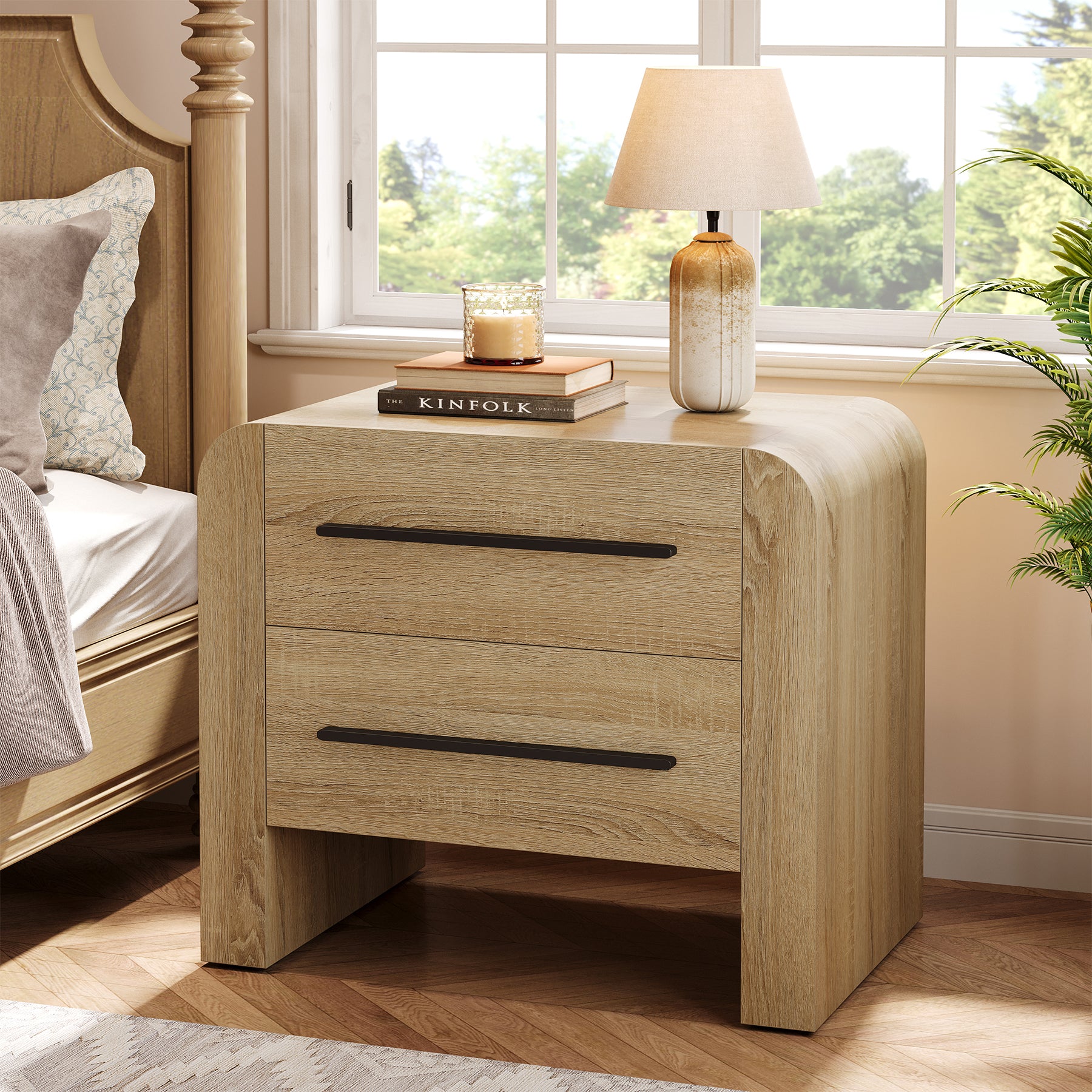 27.55" Nightstand with 2 Drawers, Modern Curved Bedside Table with Storage