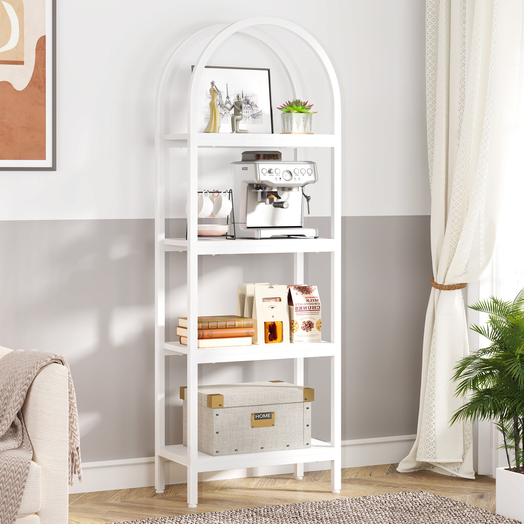 4-Tier / 5-Tier Bookshelf, Arched Bookcase Display Rack with Storage Shelves