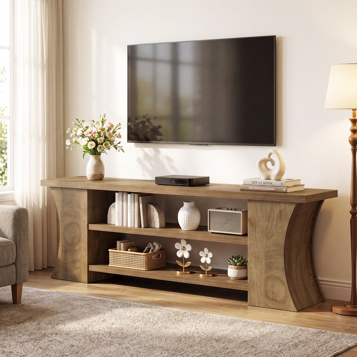 63" TV Stand for 75" TVs, Entertainment Center with 3-Tier Storage & Curved Legs