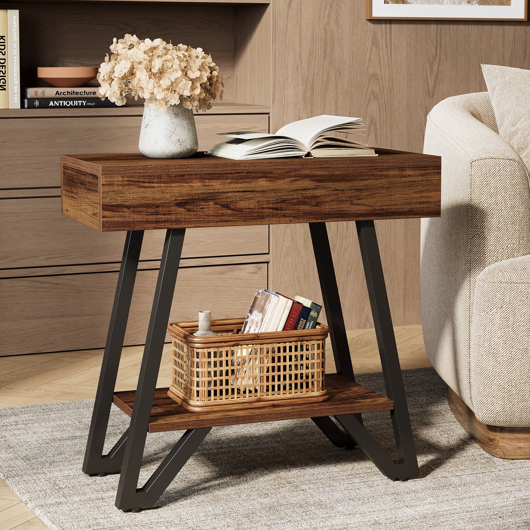 Narrow End Table,Couch Arm Side Table Nightstand with Storage Shelves