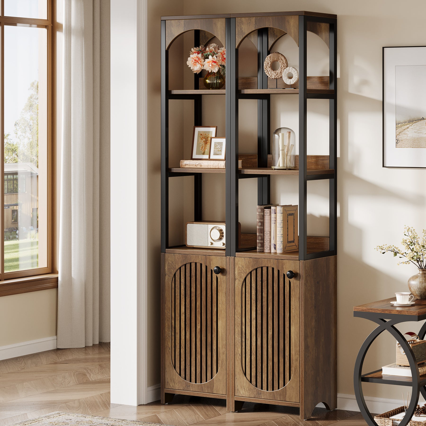 71.6" Bookshelf with Cabinet, Narrow Bookcase with Open Storage Shelves