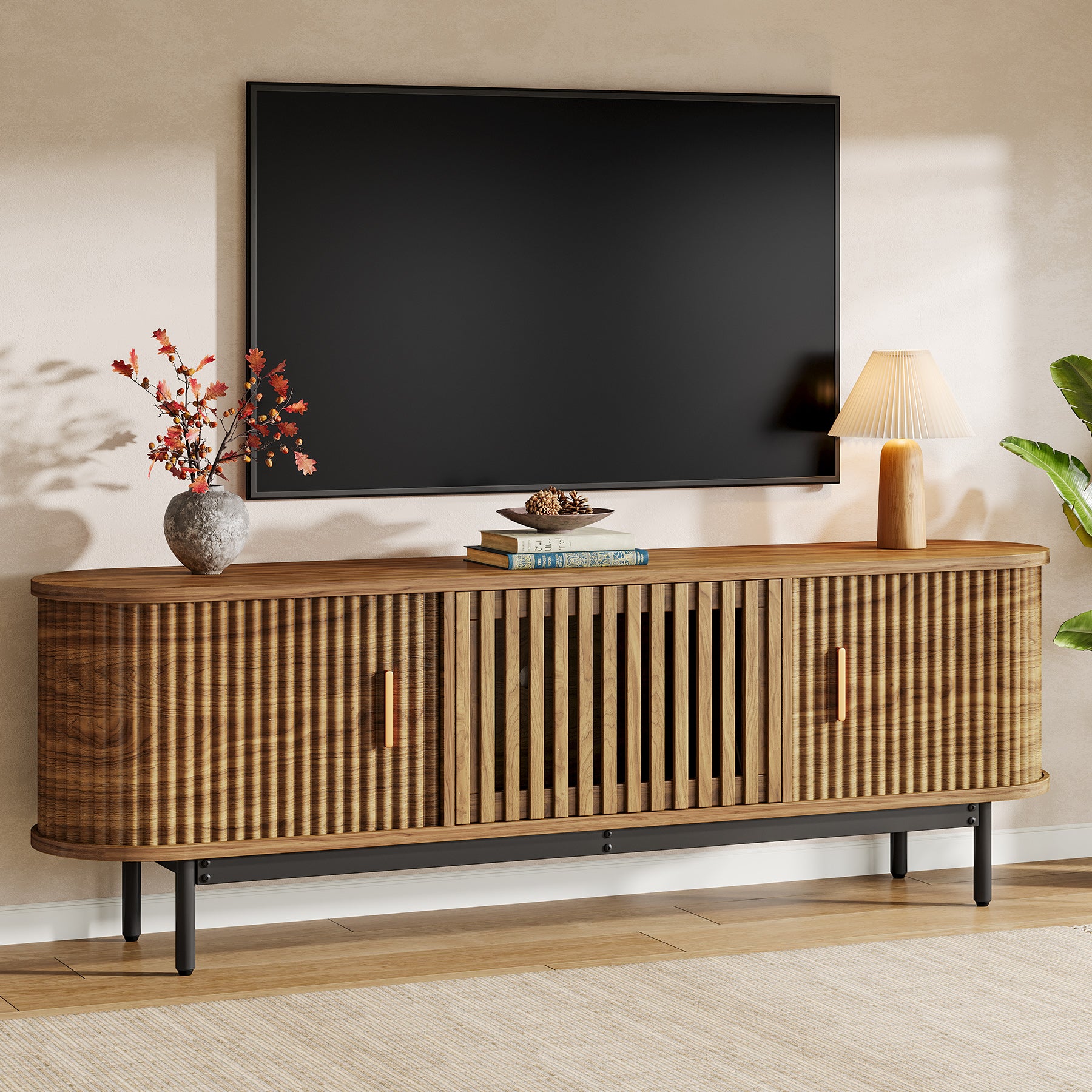 70" TV Stand for TVs up to 80", Fluted TV Console with Metal Legs & Sliding Doors