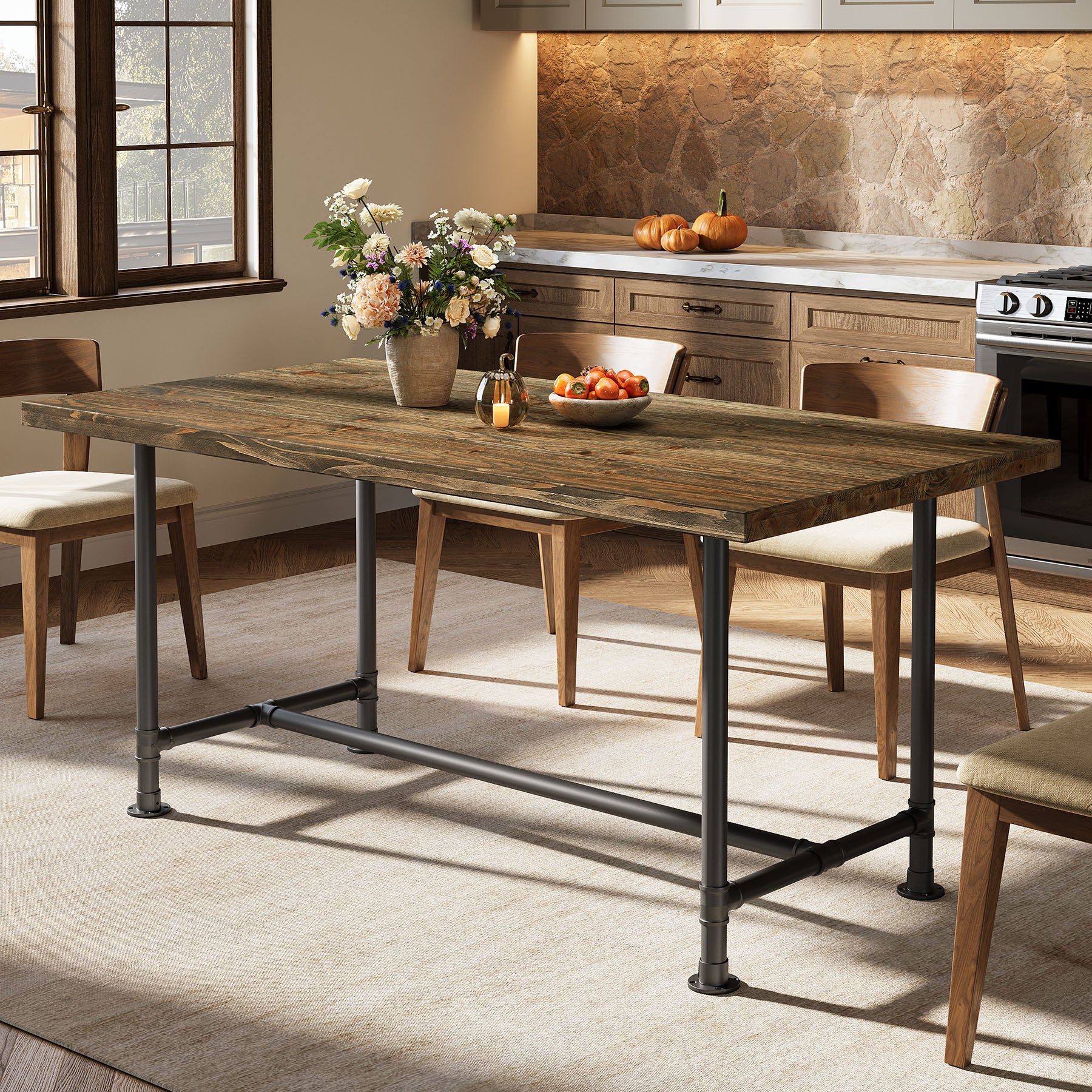 63" Solid Wood Dining Table for 4-6, Industrial Kitchen Table with Metal Footrest