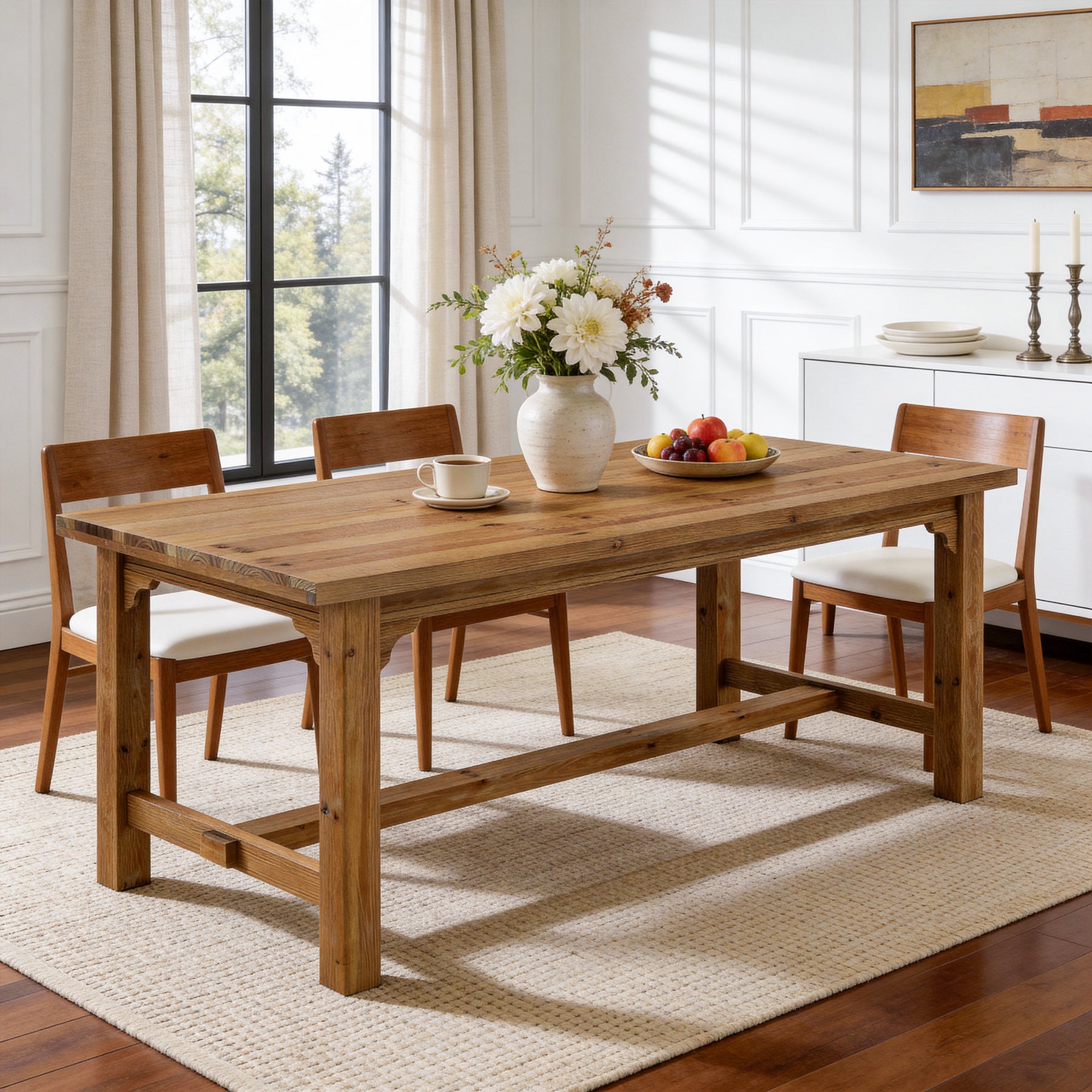 Solid Wood Dining Table, 63" Rectangular Kitchen Table with Foot Bar