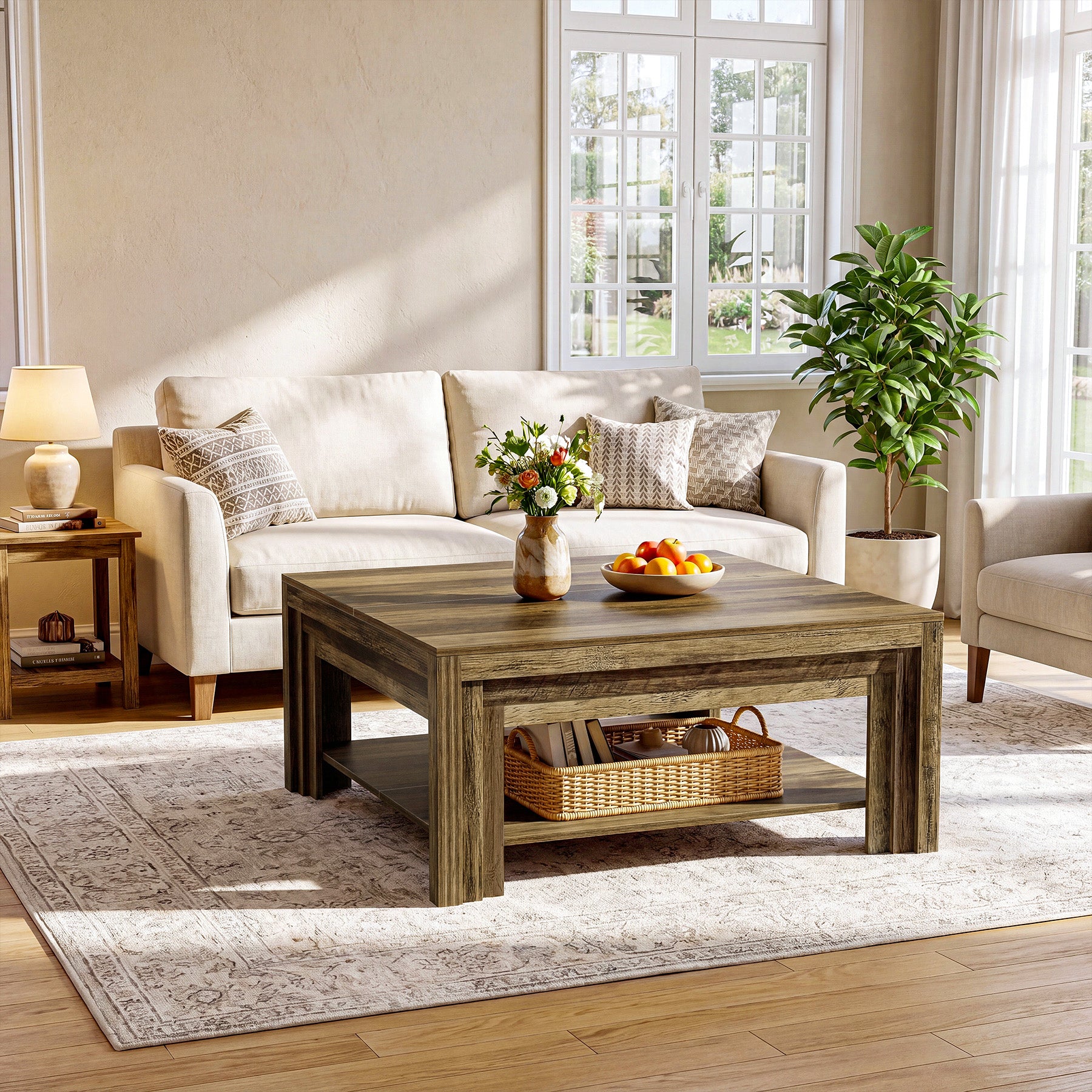 Farmhouse Square Coffee Table with Shelf
