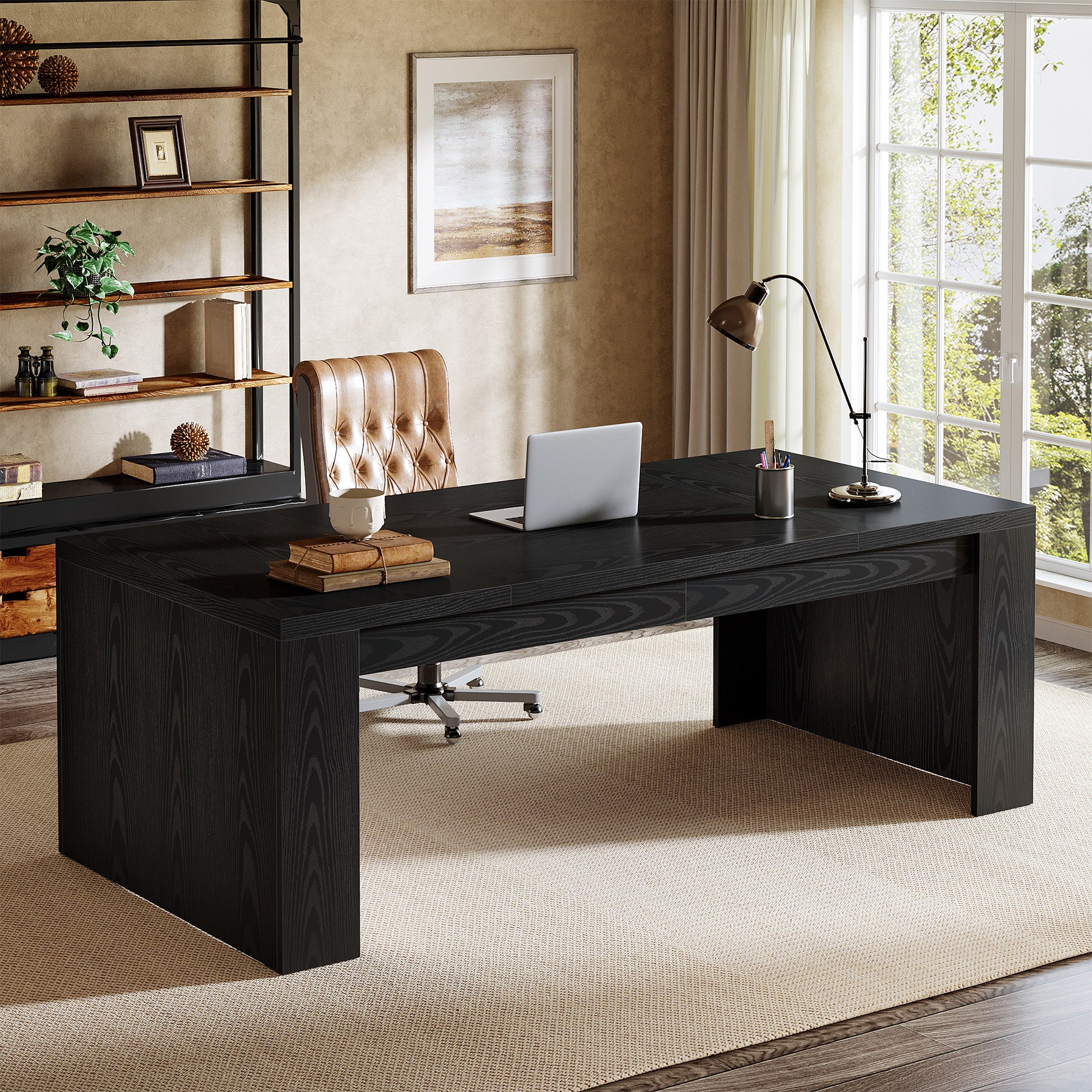 70.87" Executive Desk, Farmhouse Computer Desk with Double Pedestal Legs