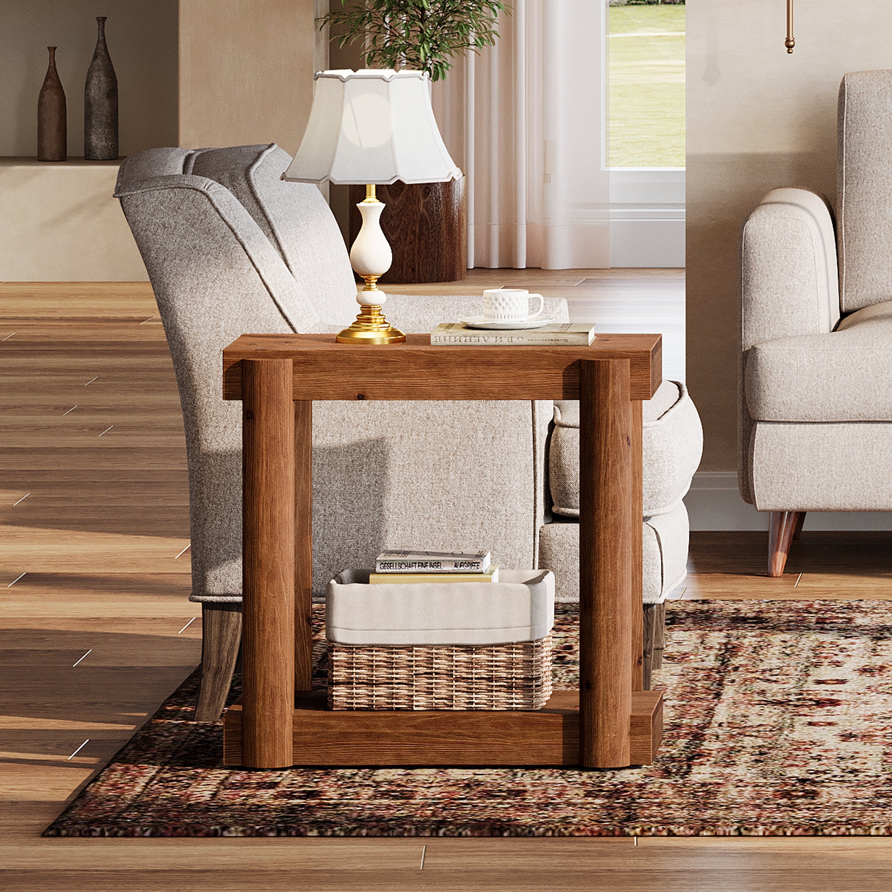 Solid Wood Modern Farmhouse End Table, 2-Tier Storage Shelf Side Table for Small Spaces