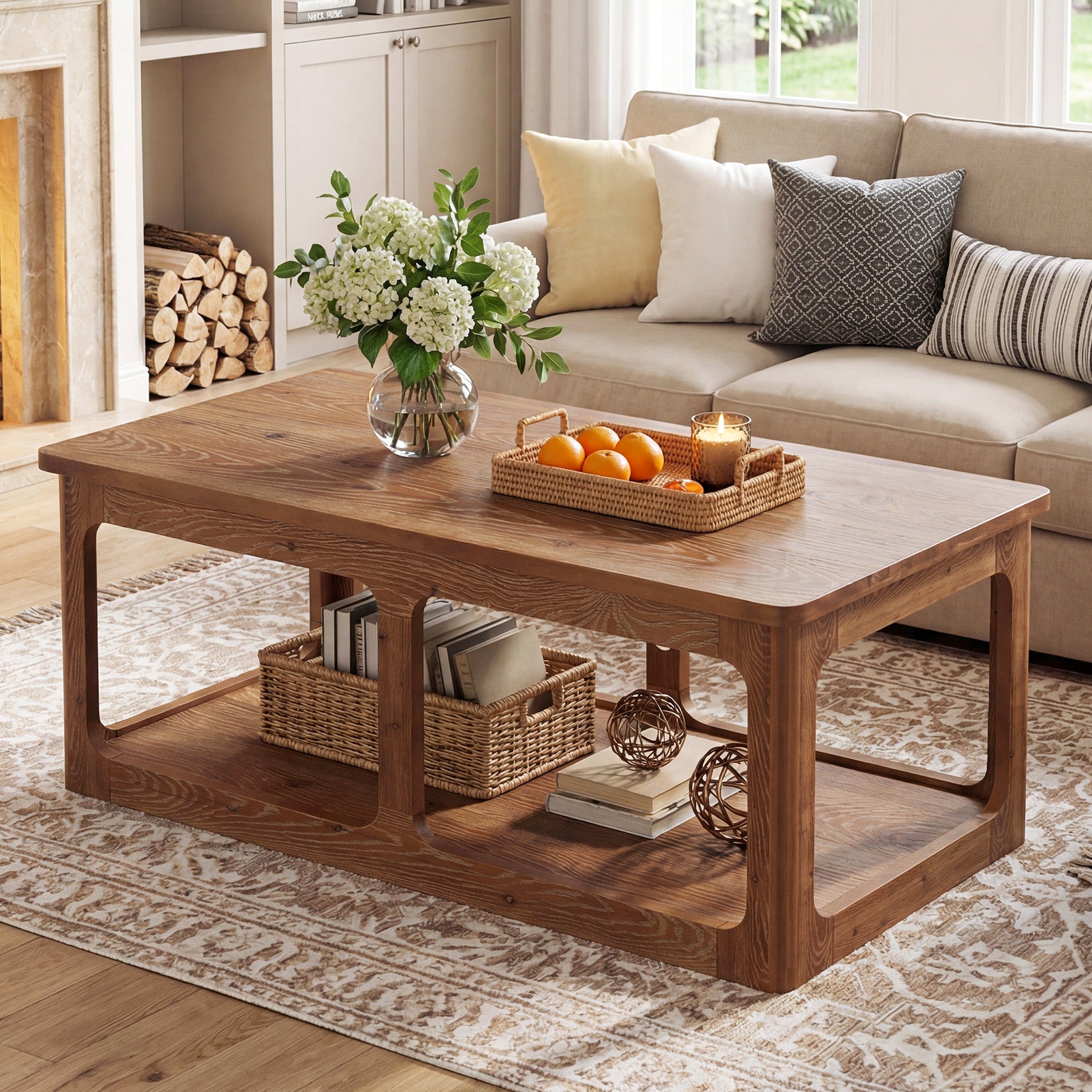 47.2" Rectangle Coffee Table, 2-Tier Solid Wood Center Table Cocktail Tea Table