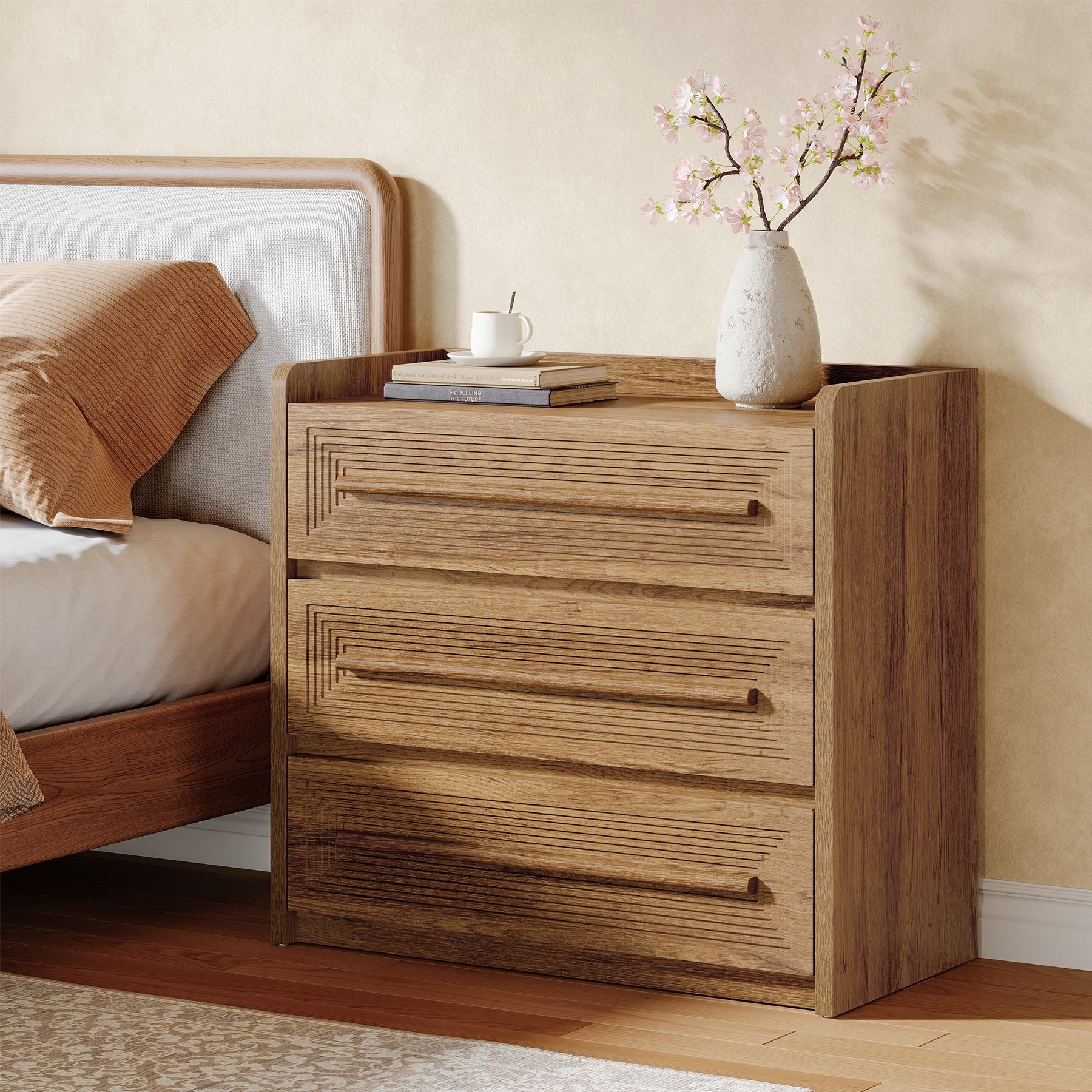 3-Drawer Nightstand, 32" Large Bedside Table Oversized End Table