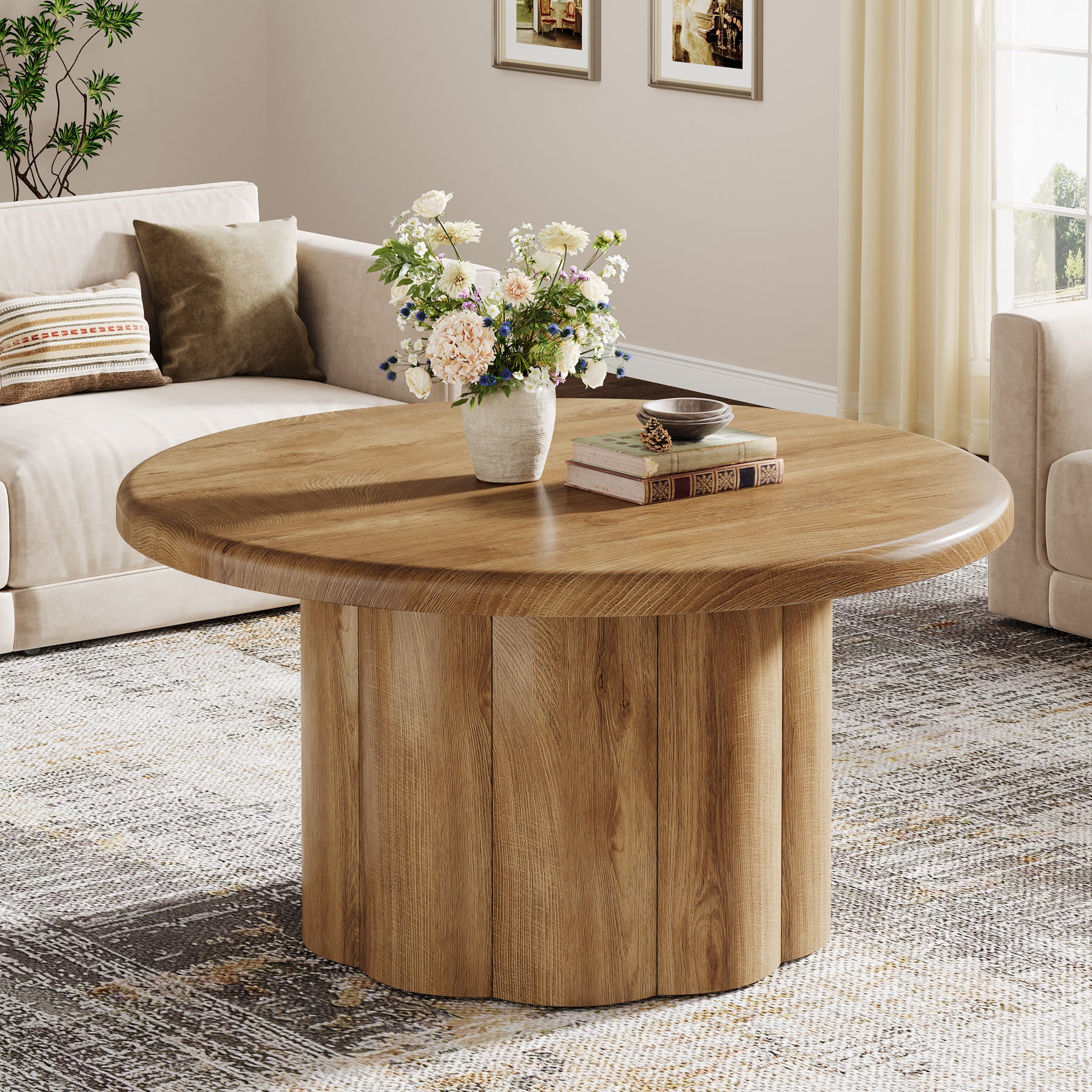31.5" Round Coffee Table, Farmhouse Center Table with Fluted Drum Base