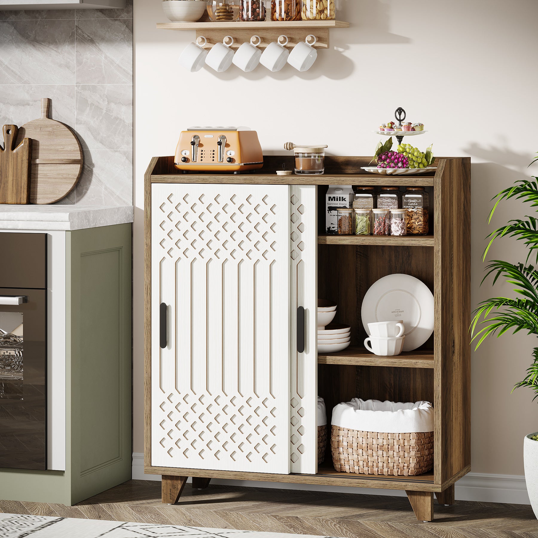 Farmhouse Sideboard Buffet Cabinet with Sliding Doors & Adjustable Shelves
