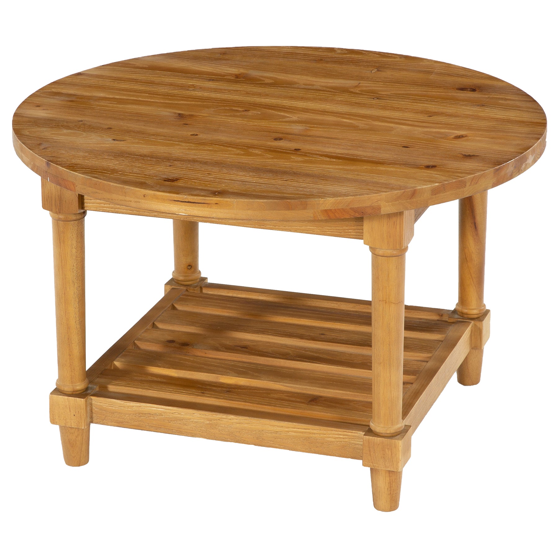 Solid Wood Round Coffee Table, 31.5" Center Table with 2-Tier Storage