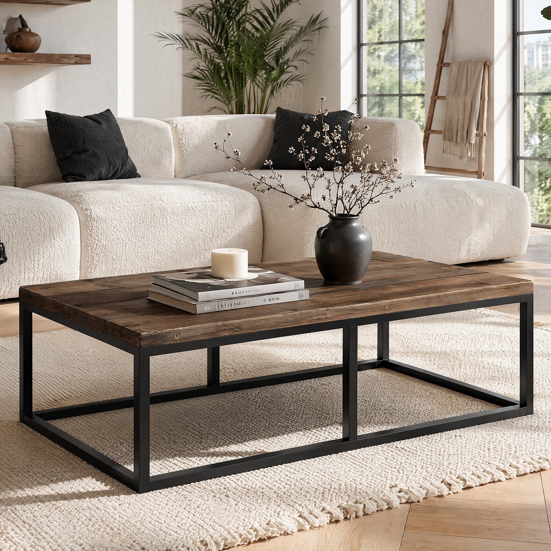 55" Solid Wood Coffee Table, Rectangular Center Table with Steel Frame for Living Room