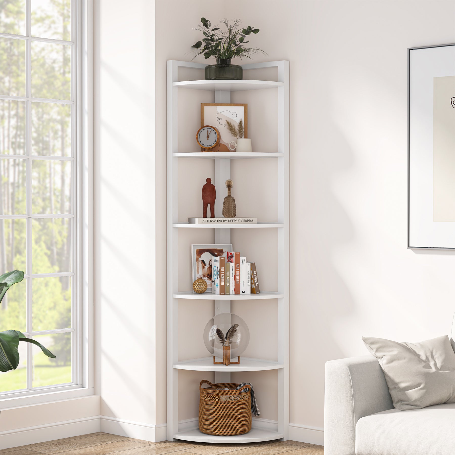 6-Tier Corner Shelf, 70.9 Inch Tall Corner Bookshelf Small Bookcase Rustic Corner Shelving Unit Storage Rack