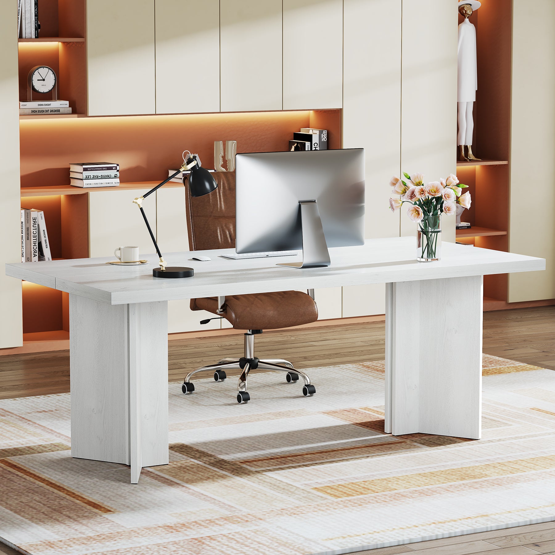 63" Wood Executive Desk, Farmhouse Computer Desk with Large Tabletop