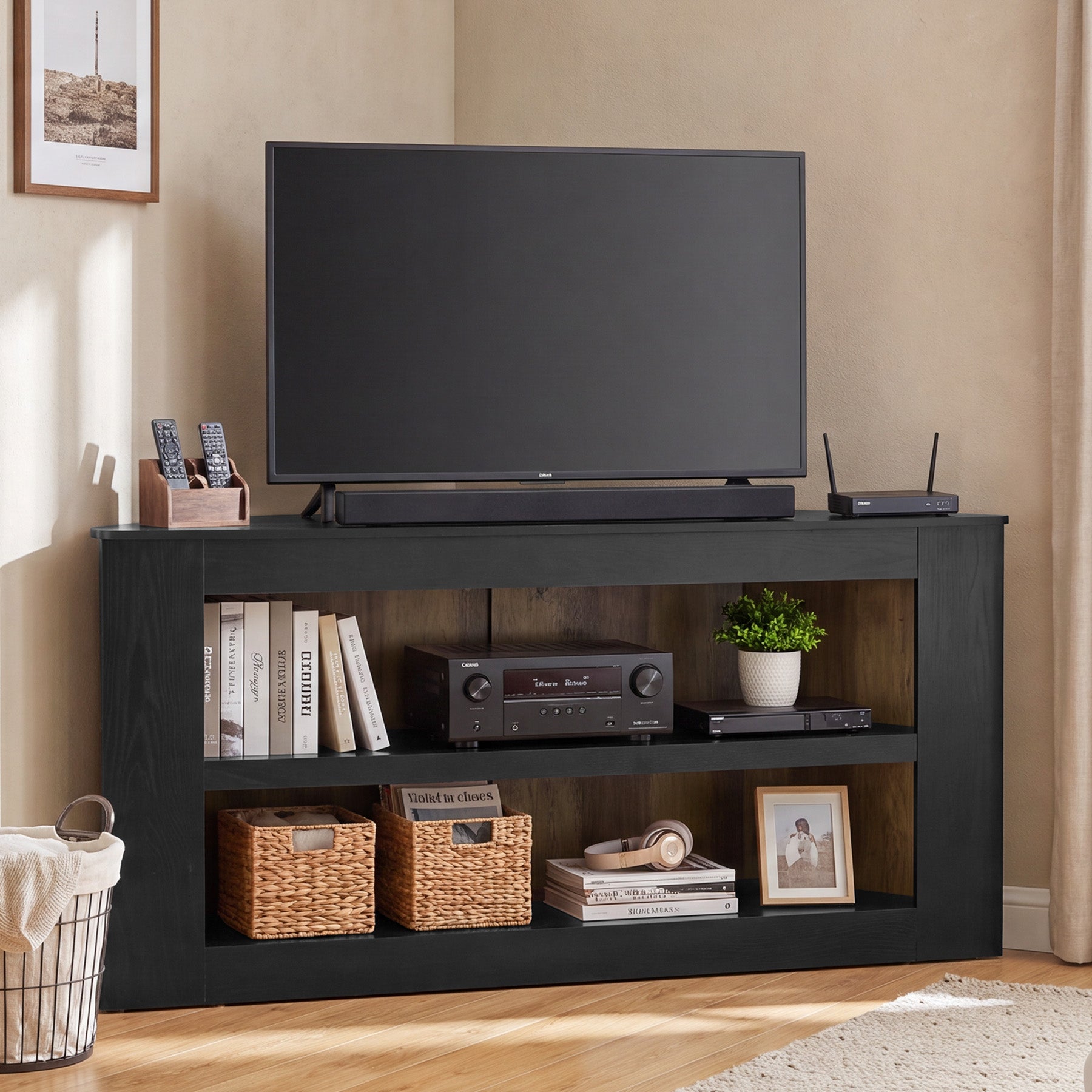 59" Corner TV Stand for 65" TV, Entertainment Center with 2-Tier Shelves, Living Room