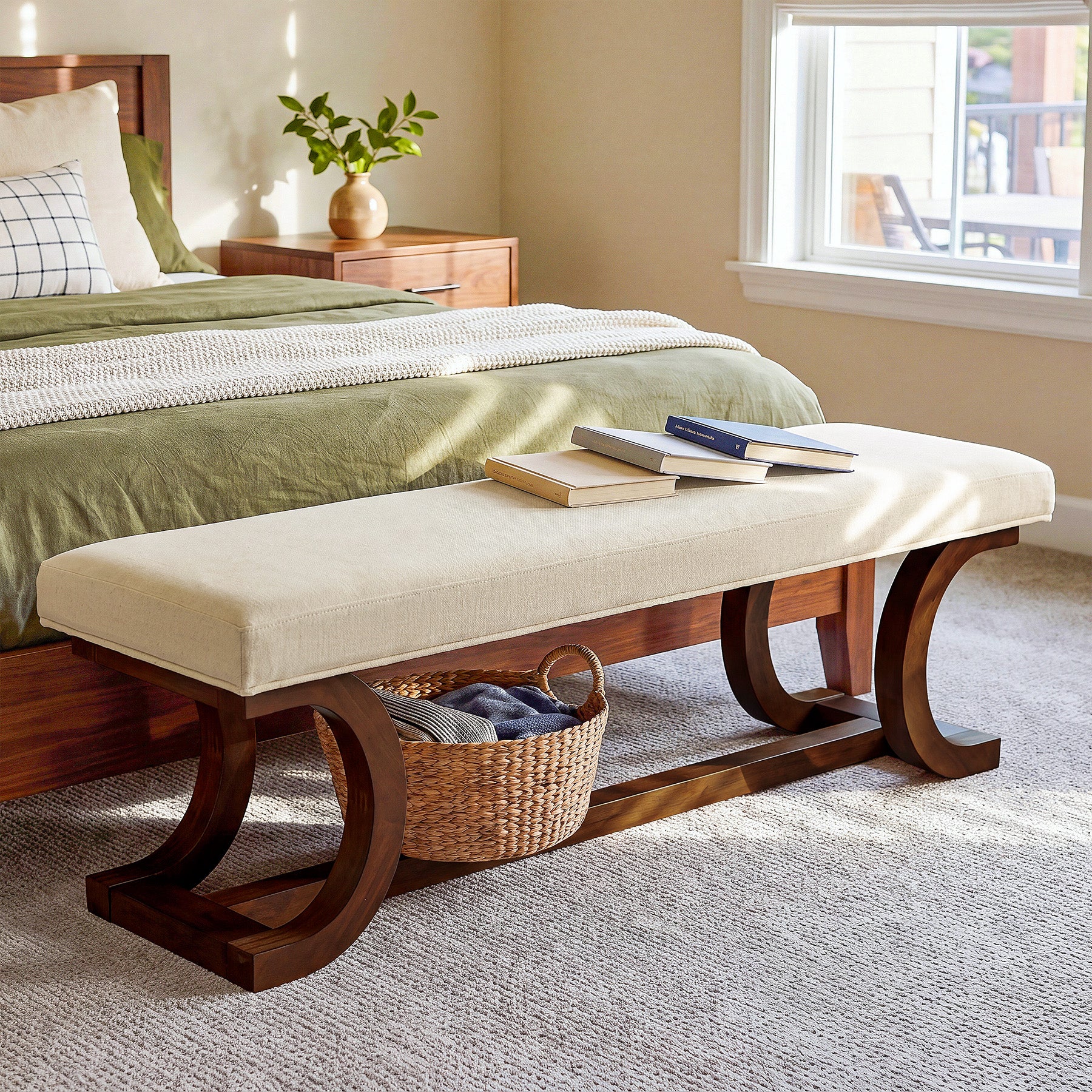 48" Upholstered Bench, Solid Wood Entryway Bench End of Bed Bench with Soft Cushion