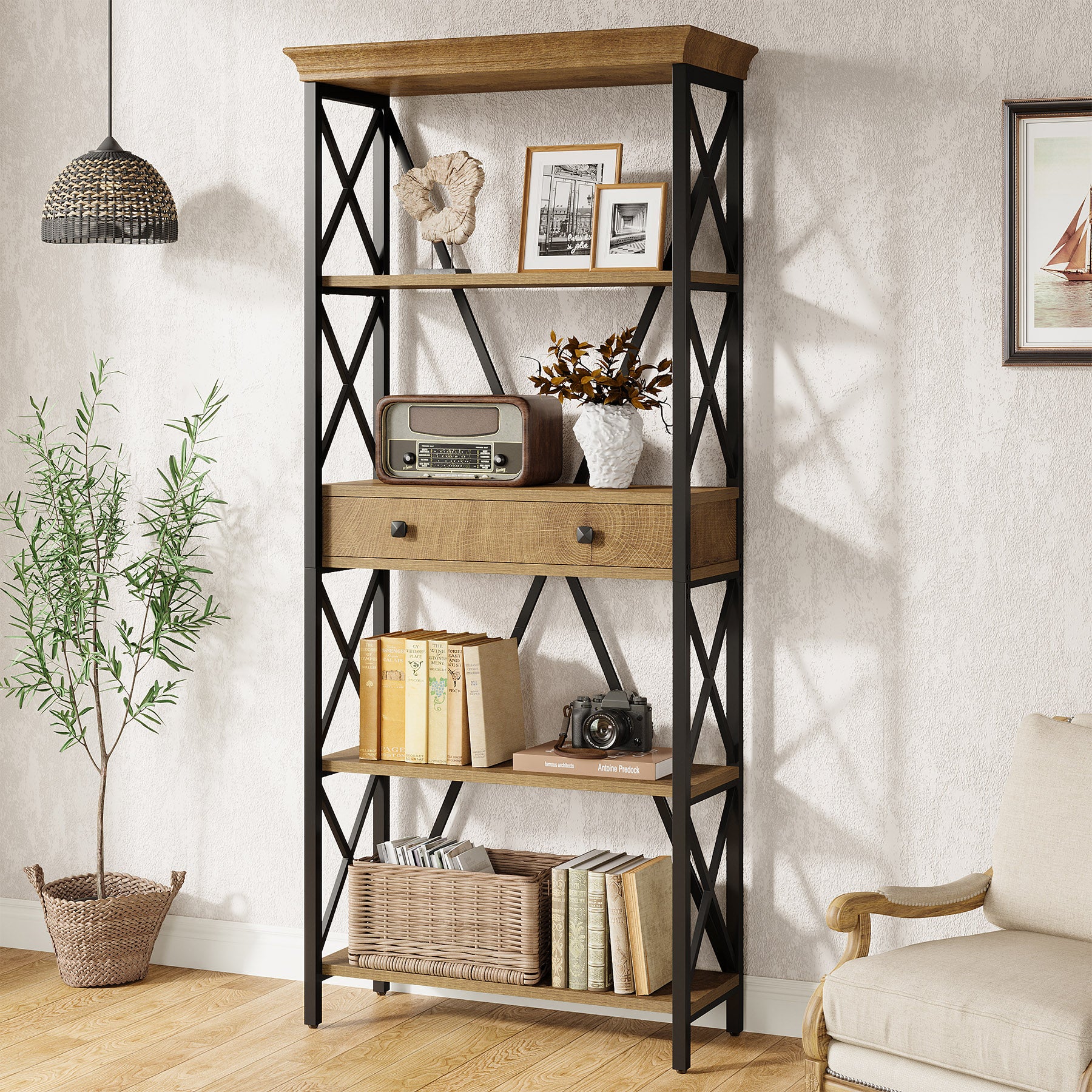 70.9" Bookshelf with Drawer, Industrial Bookcase with Open Shelf and Stable X Frame